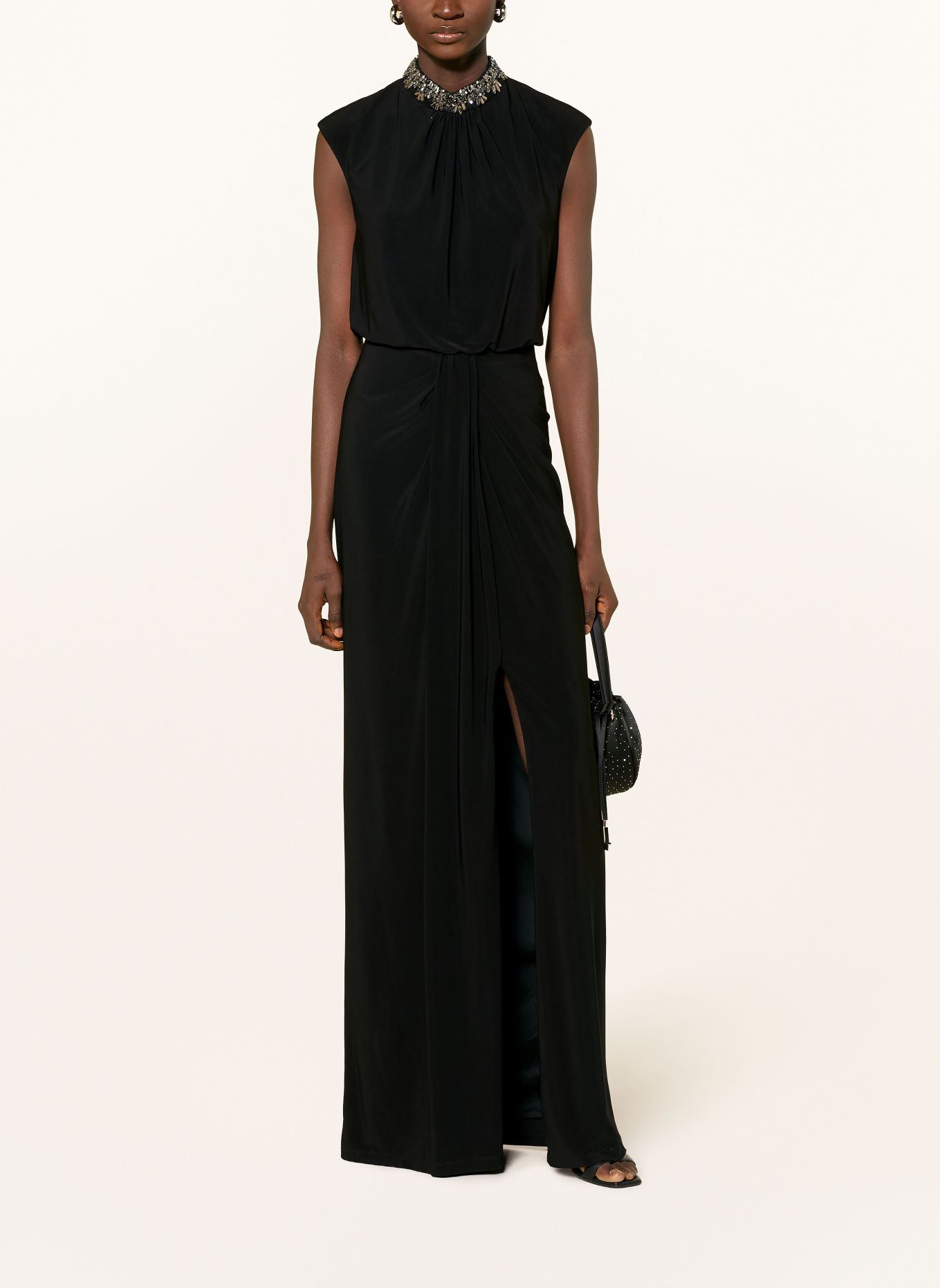 ADRIANNA PAPELL Abendkleid aus Jersey mit Schmucksteinen: SCHWARZ / SILBER