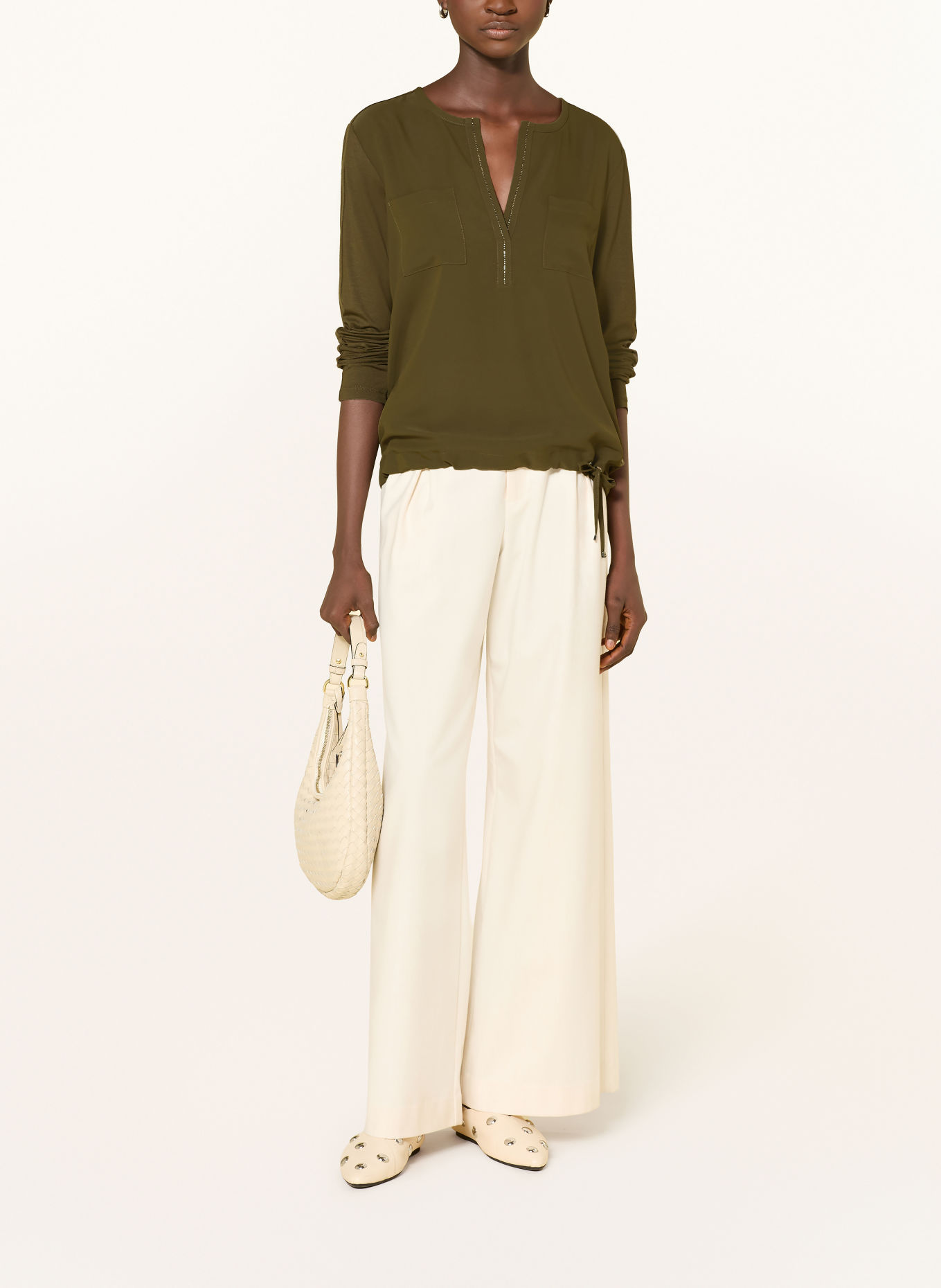 monari Blusenshirt im Materialmix mit Schmucksteinen: OLIV