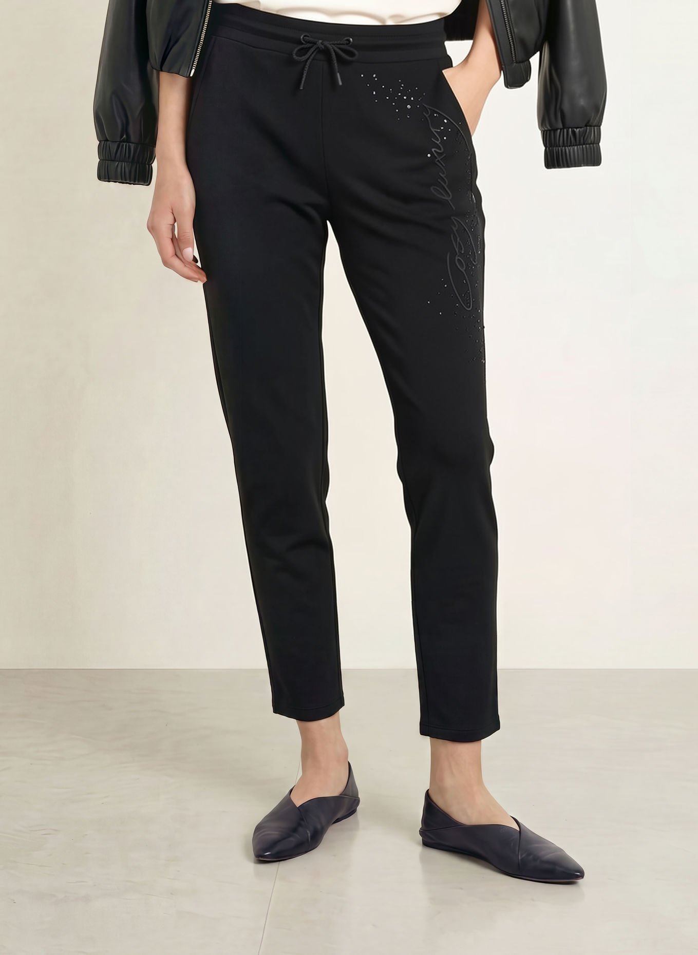 monari Jerseybroek met sierstenen: ZWART