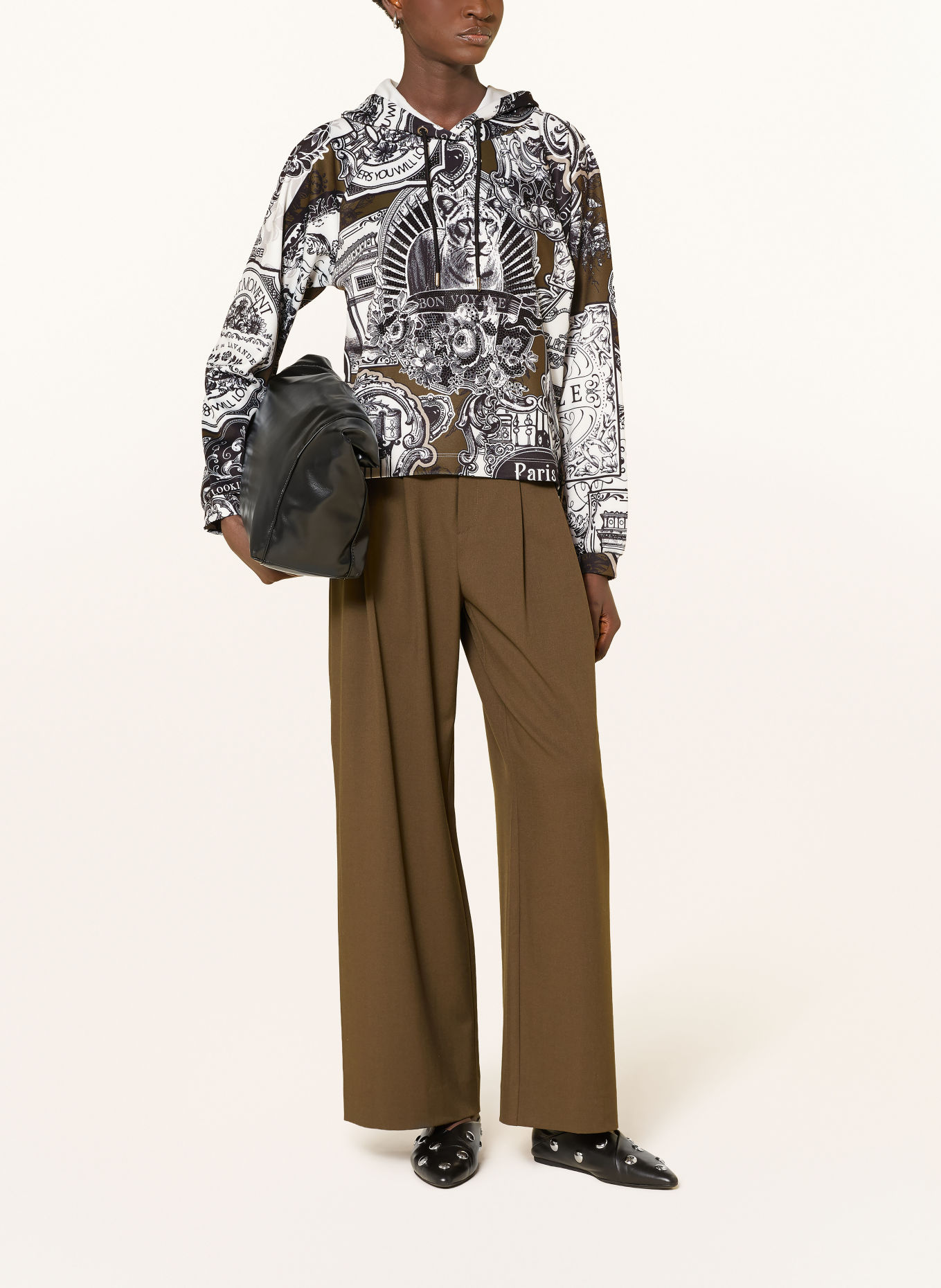 monari Sweatshirt met sierstenen: ZWART / KAKI / WIT