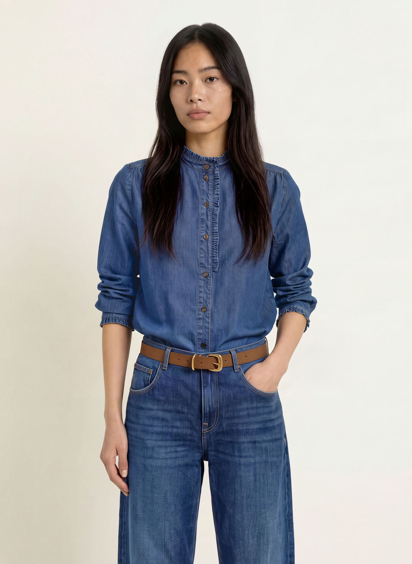 Smith & Soul Jeansbluse mit Rüschen: DUNKELBLAU