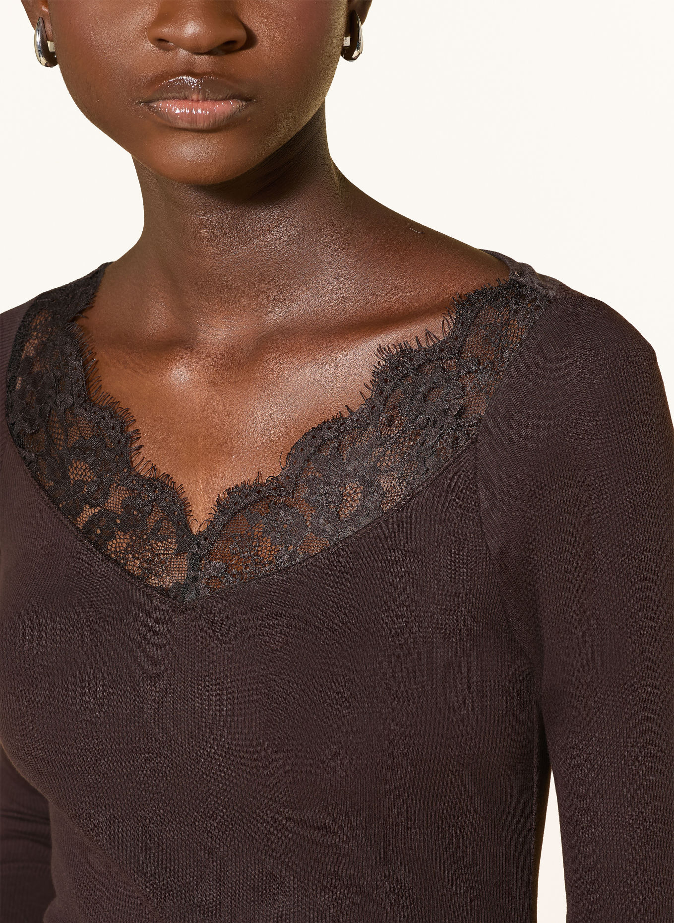 Rich & Royal Longsleeve met lange mouwen en kant: MARRON FONCÉ