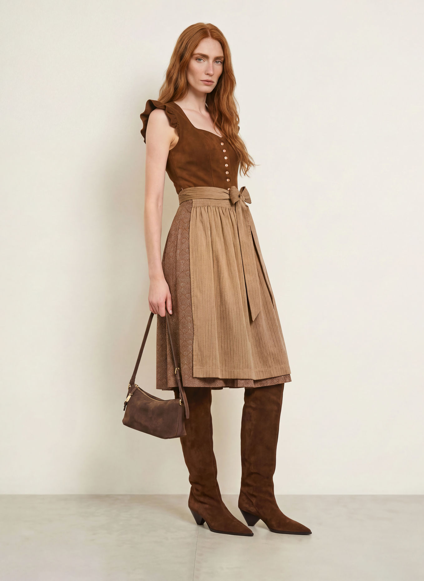 KRÜGER Dirndl met ruches: BRUIN / LICHTBRUIN
