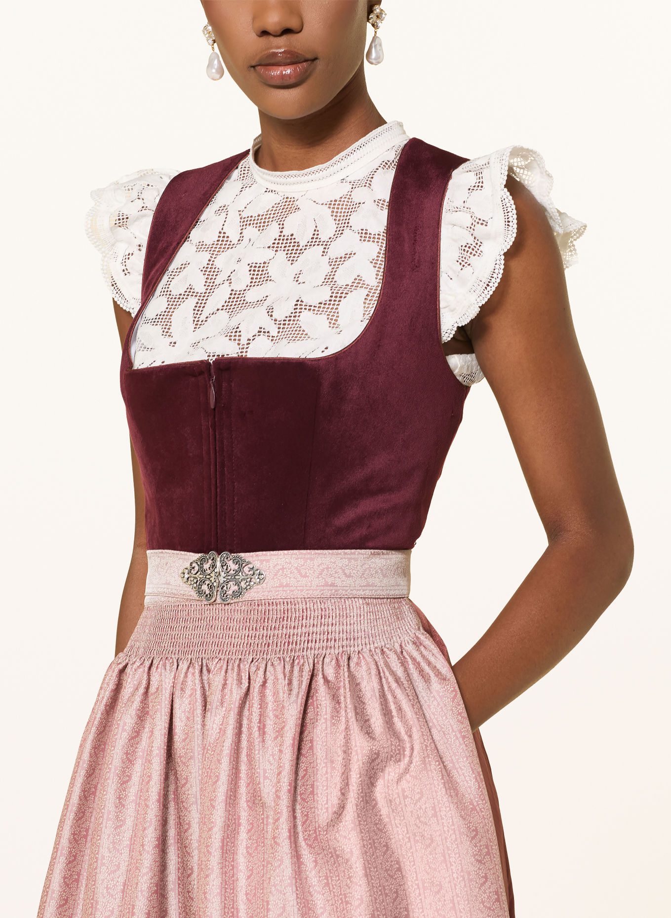 KRÜGER Dirndl AURELA: DUNKELROT / ROSÉ / CREME