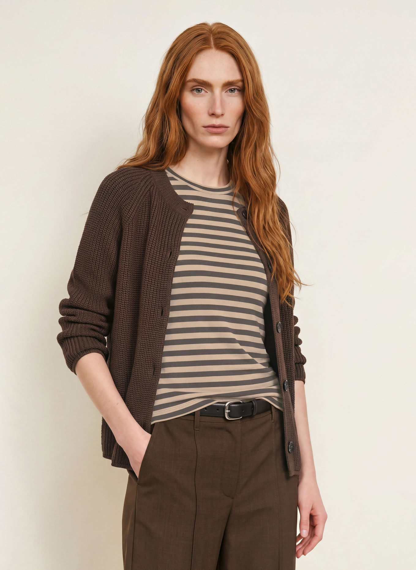 Marc O'Polo Langærmet T-shirt: BEIGE / SORT