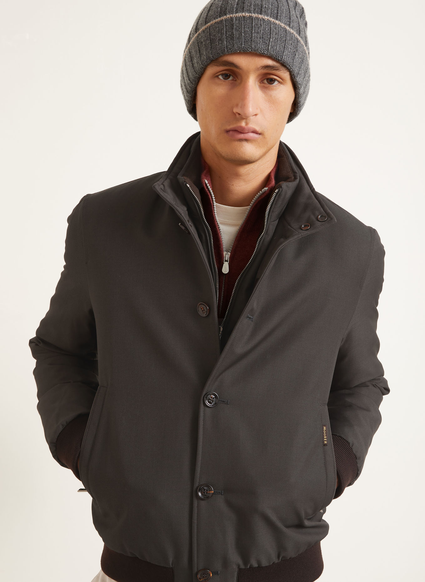 MOORER JANOS Down bomber jacket with Removable Trim: DARK GRAY / BLACK