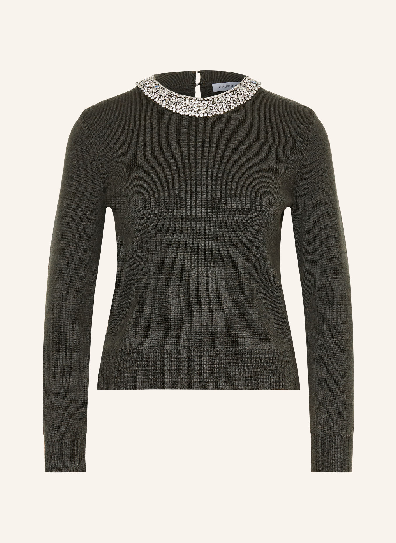 Veronica Beard DARO Merino Wool Sweater with Gemstones: OLIVE