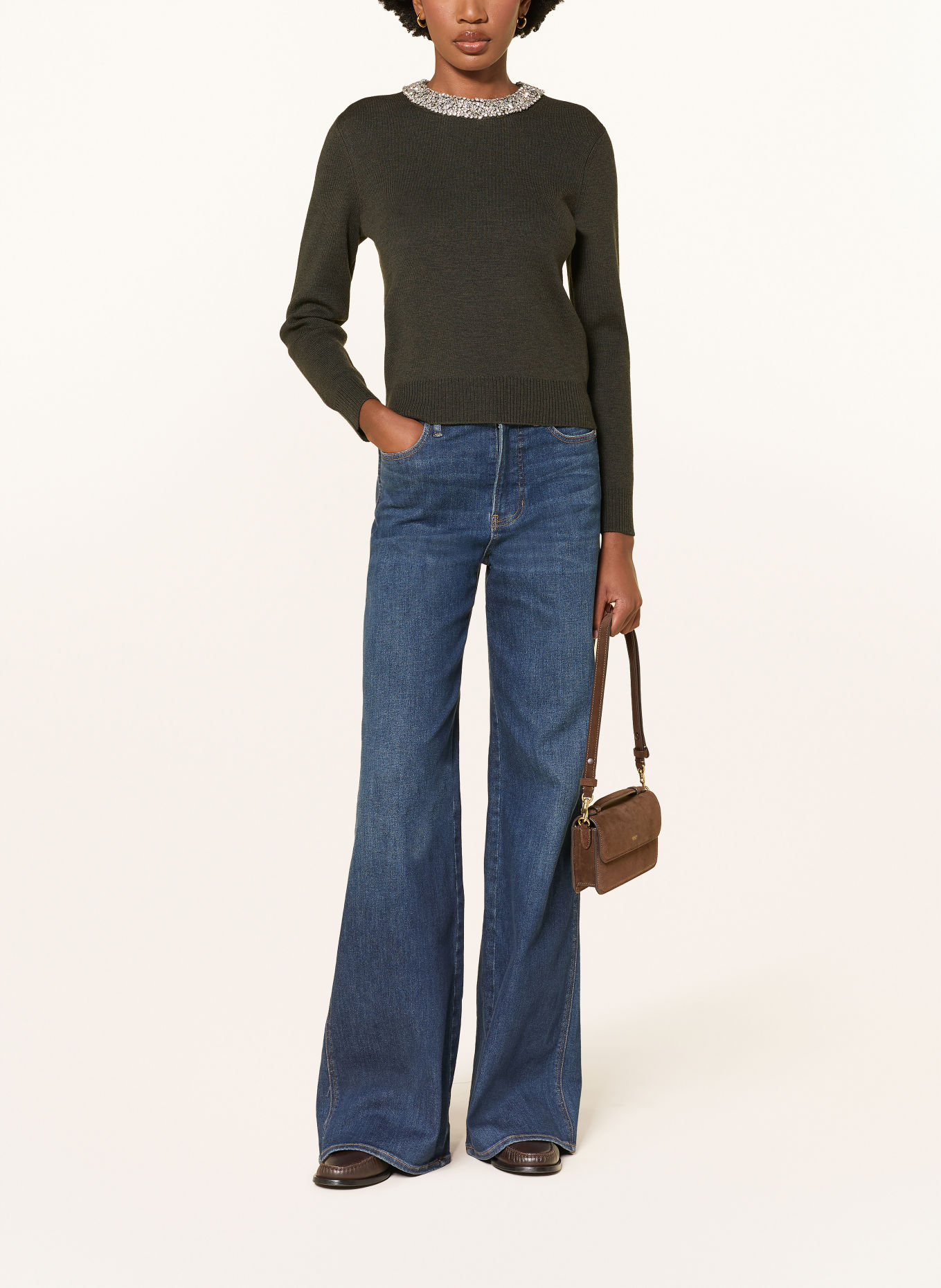 Veronica Beard DARO Merino Wool Sweater with Gemstones: OLIVE