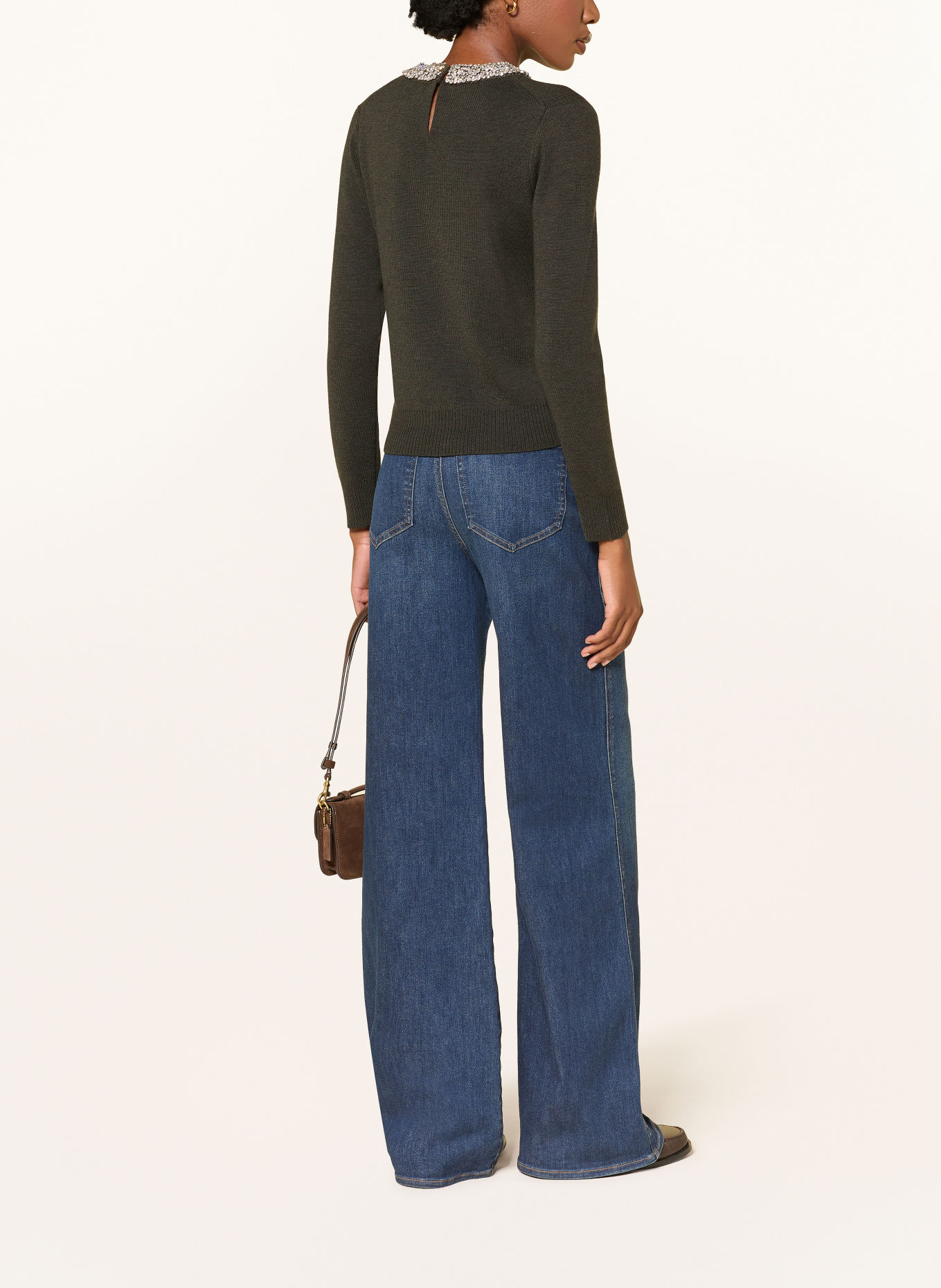 Veronica Beard DARO Merino Wool Sweater with Gemstones: OLIVE