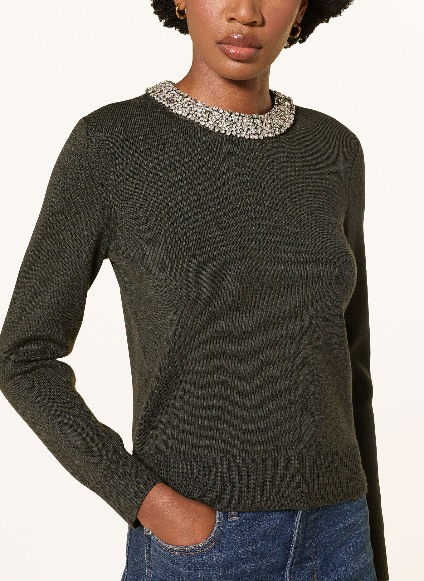 Veronica Beard DARO Merino Wool Sweater with Gemstones: OLIVE