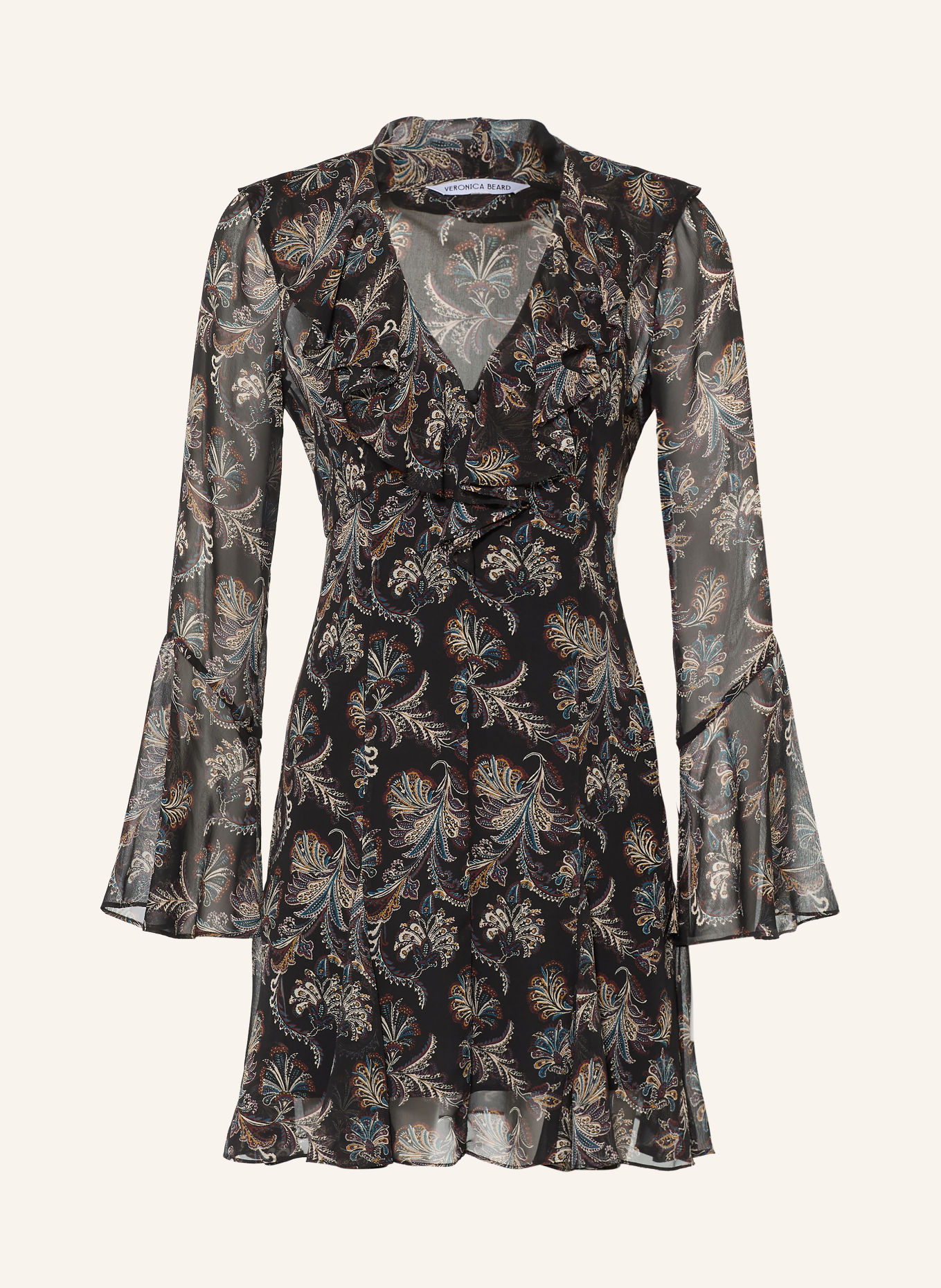 Veronica Beard ADRIENNE Silk Dress with Flounces: BLACK / CREAM / TEAL