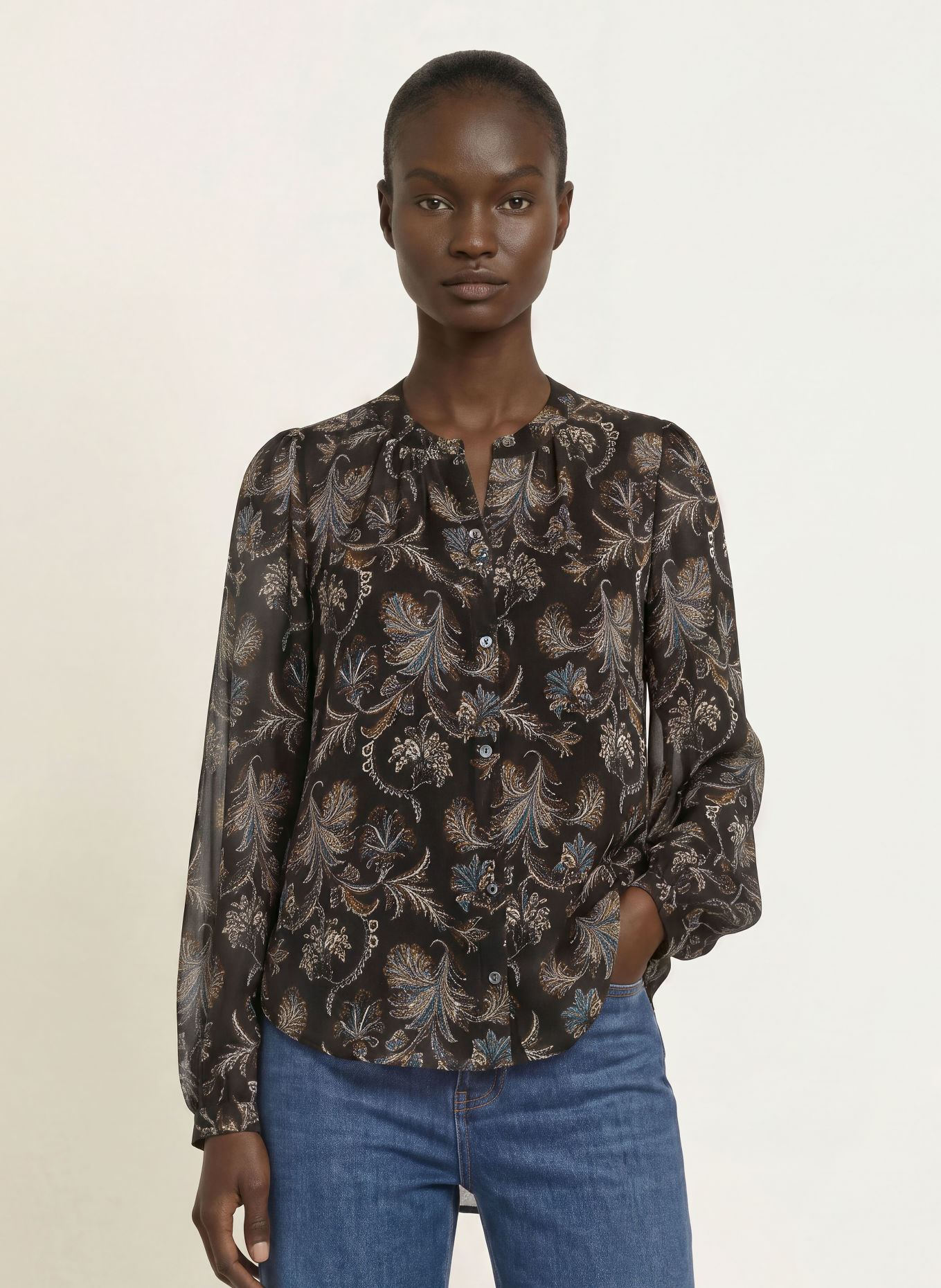 Veronica Beard Zijden blouse ASHLYNN: ZWART / CRÈME / PETROL