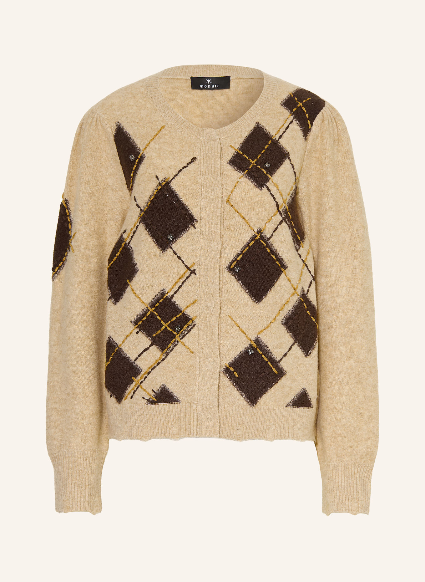 monari Stickad kofta med strass: BEIGE / MÖRKBRUN
