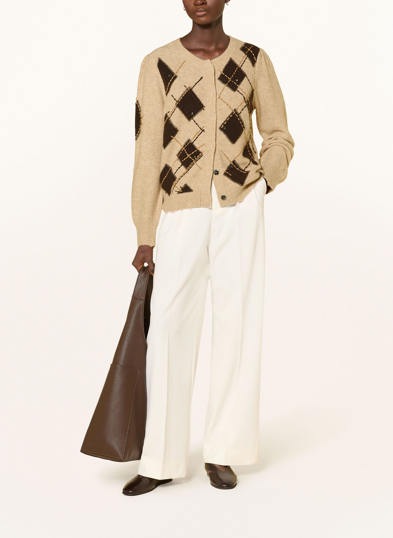 monari Stickad kofta med strass: BEIGE / MÖRKBRUN