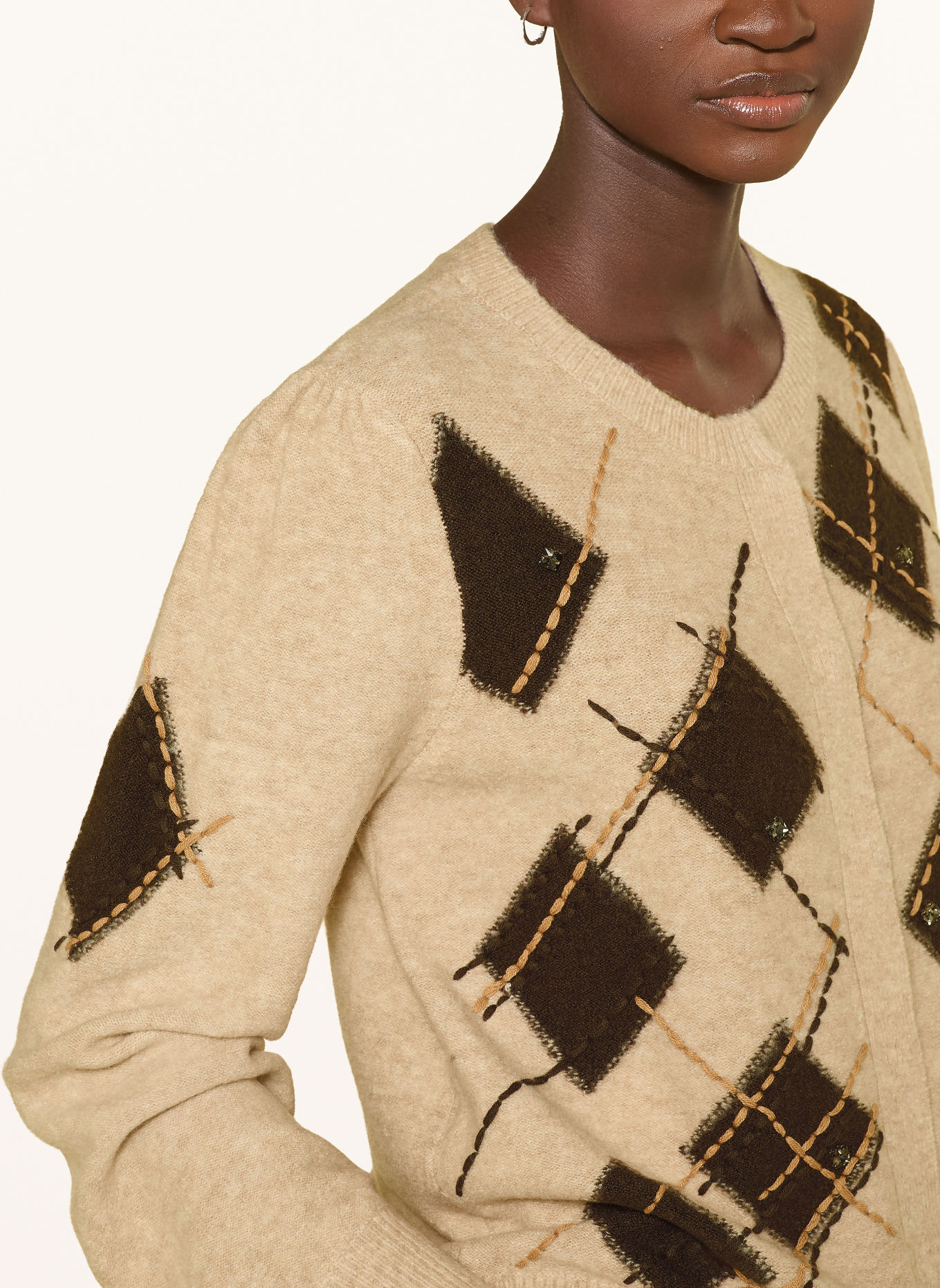 monari Stickad kofta med strass: BEIGE / MÖRKBRUN