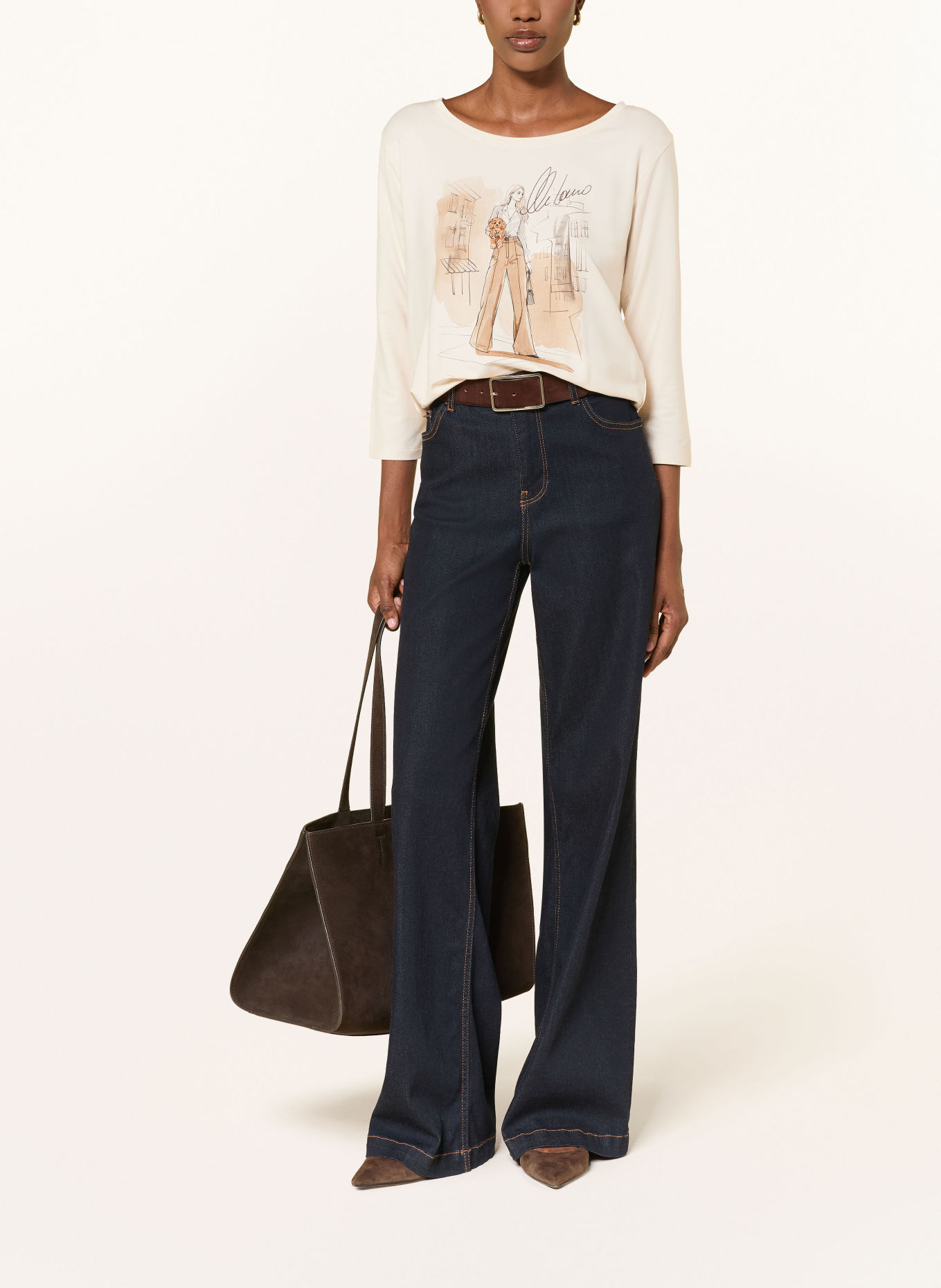 monari Shirt mit 3/4-Arm und Schmucksteinen: ECRU / CAMEL / DUNKELBRAUN
