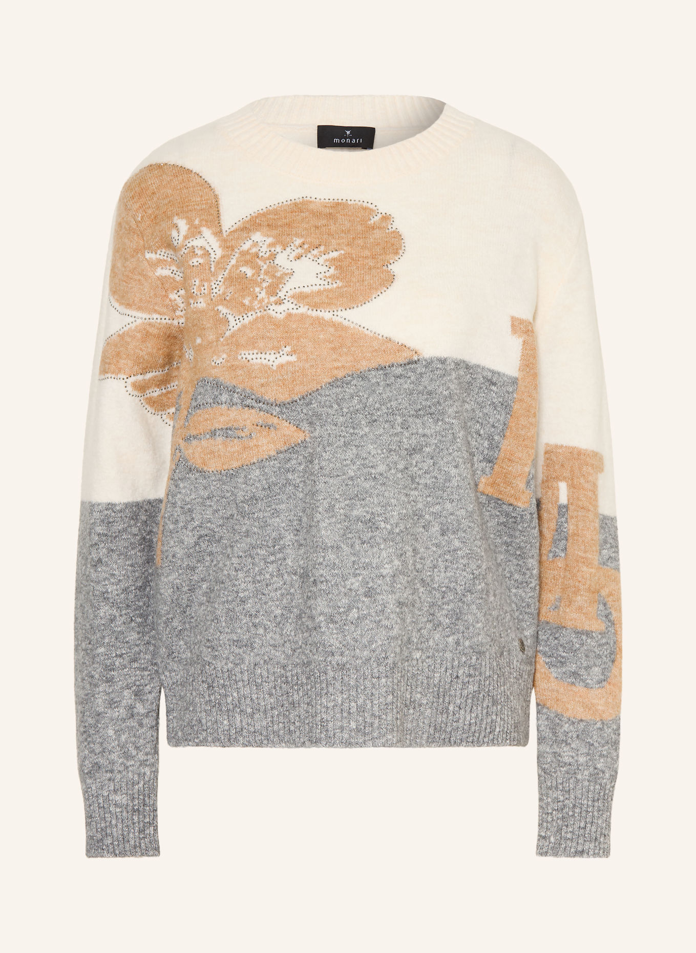 monari Pullover mit Schmucksteinen: GRAU / CAMEL / ECRU