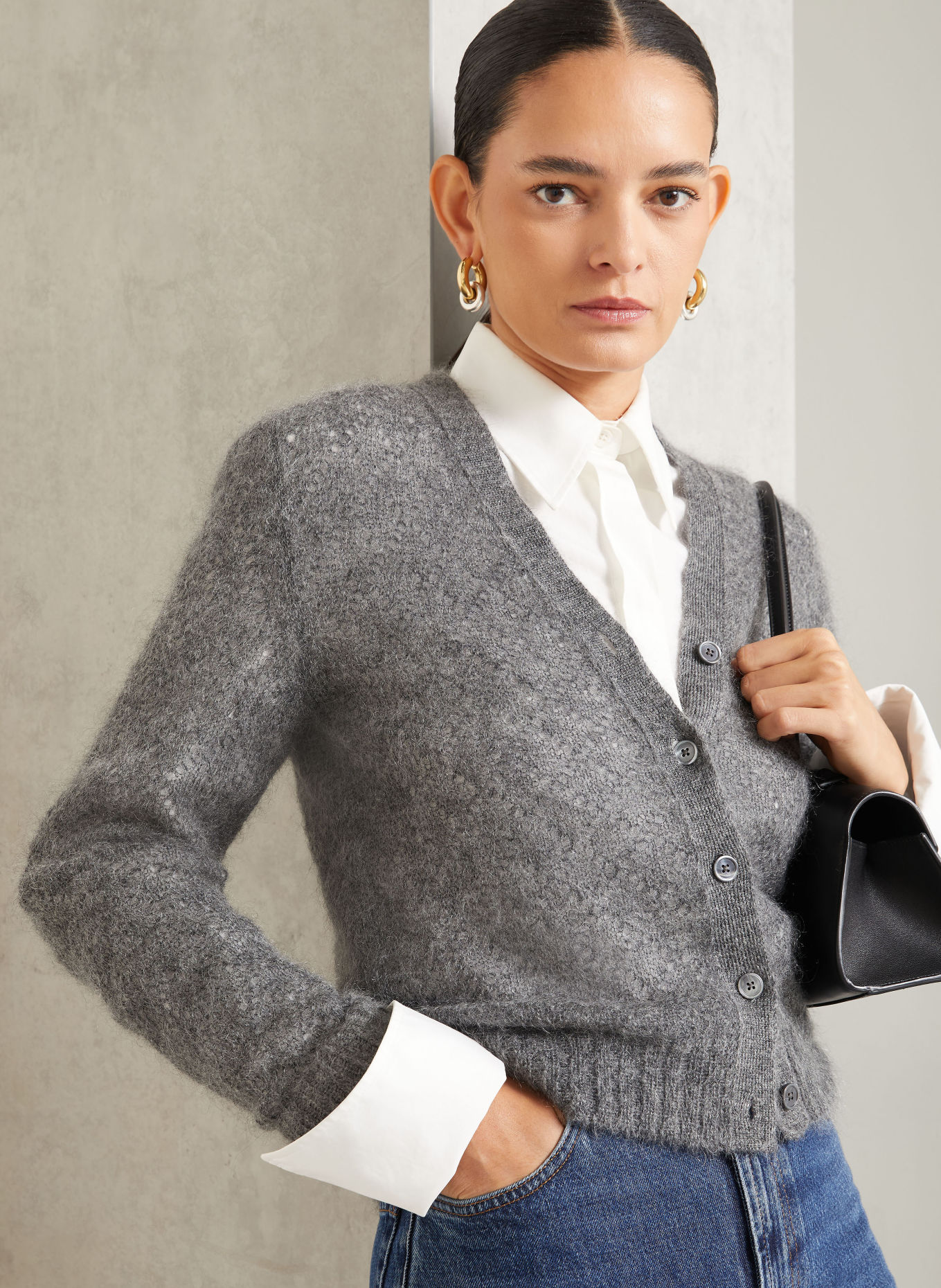 JIL SANDER Stickad kofta med mohair och siden: GRÅ