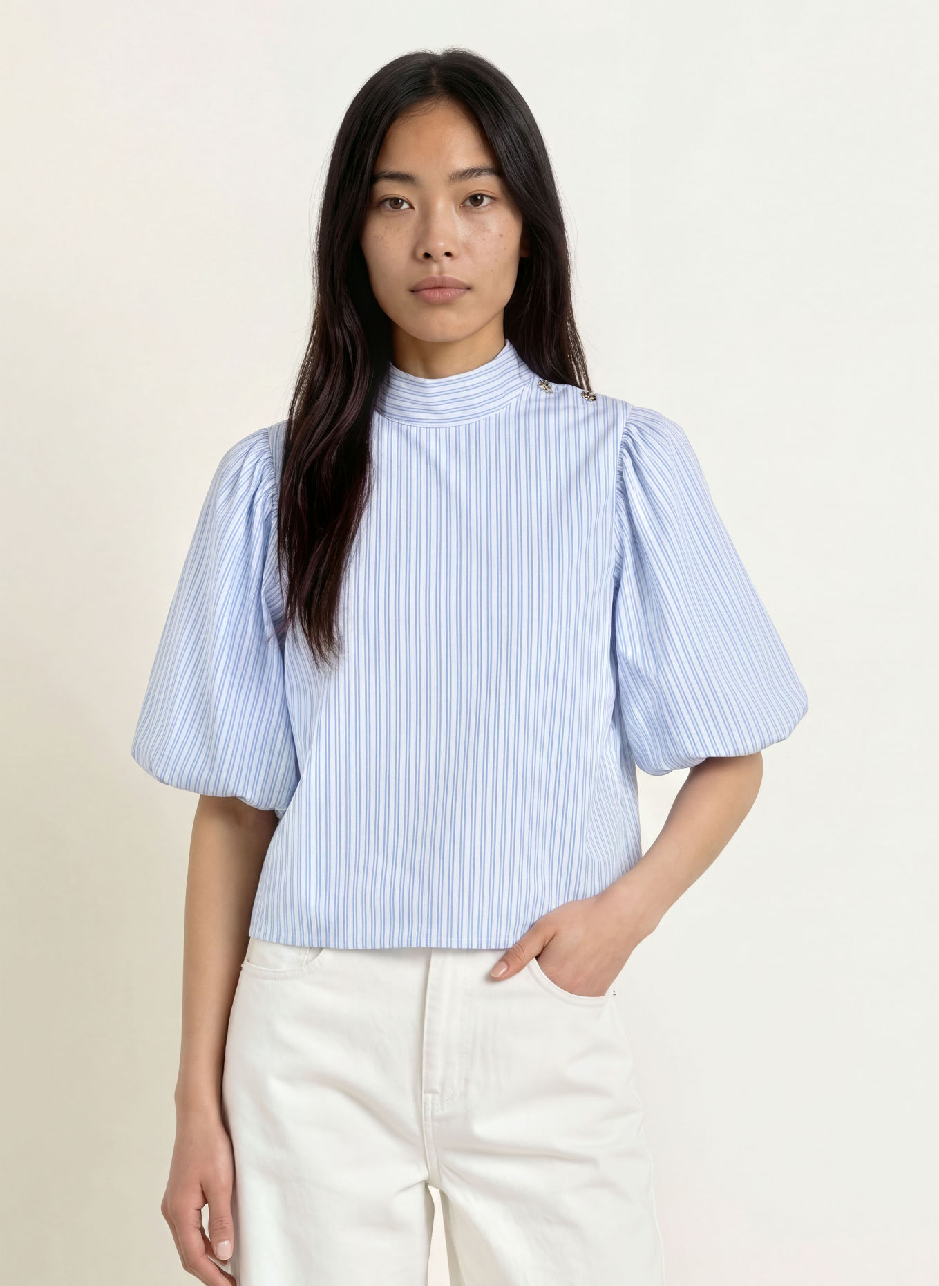 NEO NOIR PARISA Shirt blouse: LIGHT BLUE / WHITE / BLACK