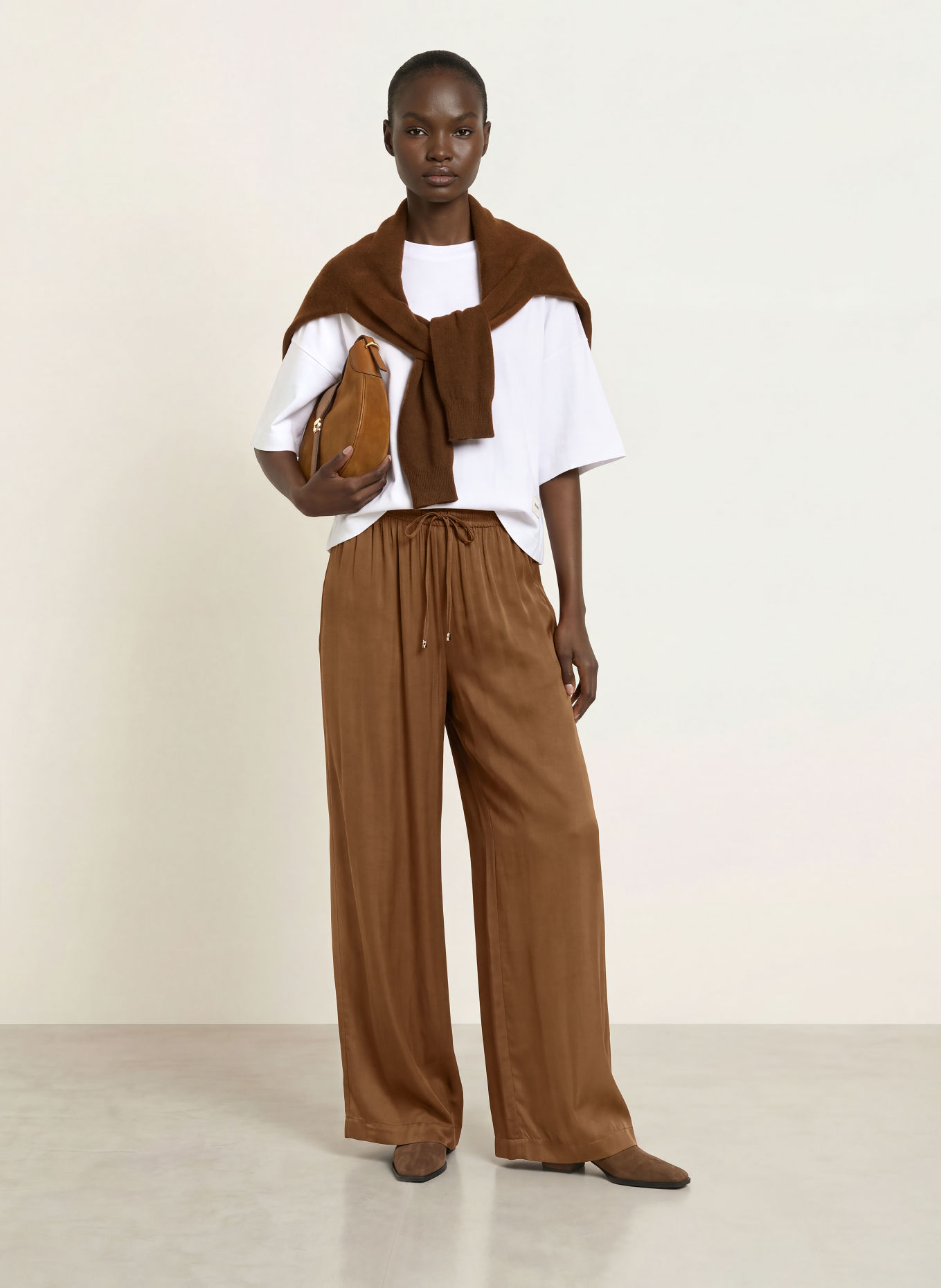 BOSS TANELLA Satin Wide-leg Trousers: BROWN