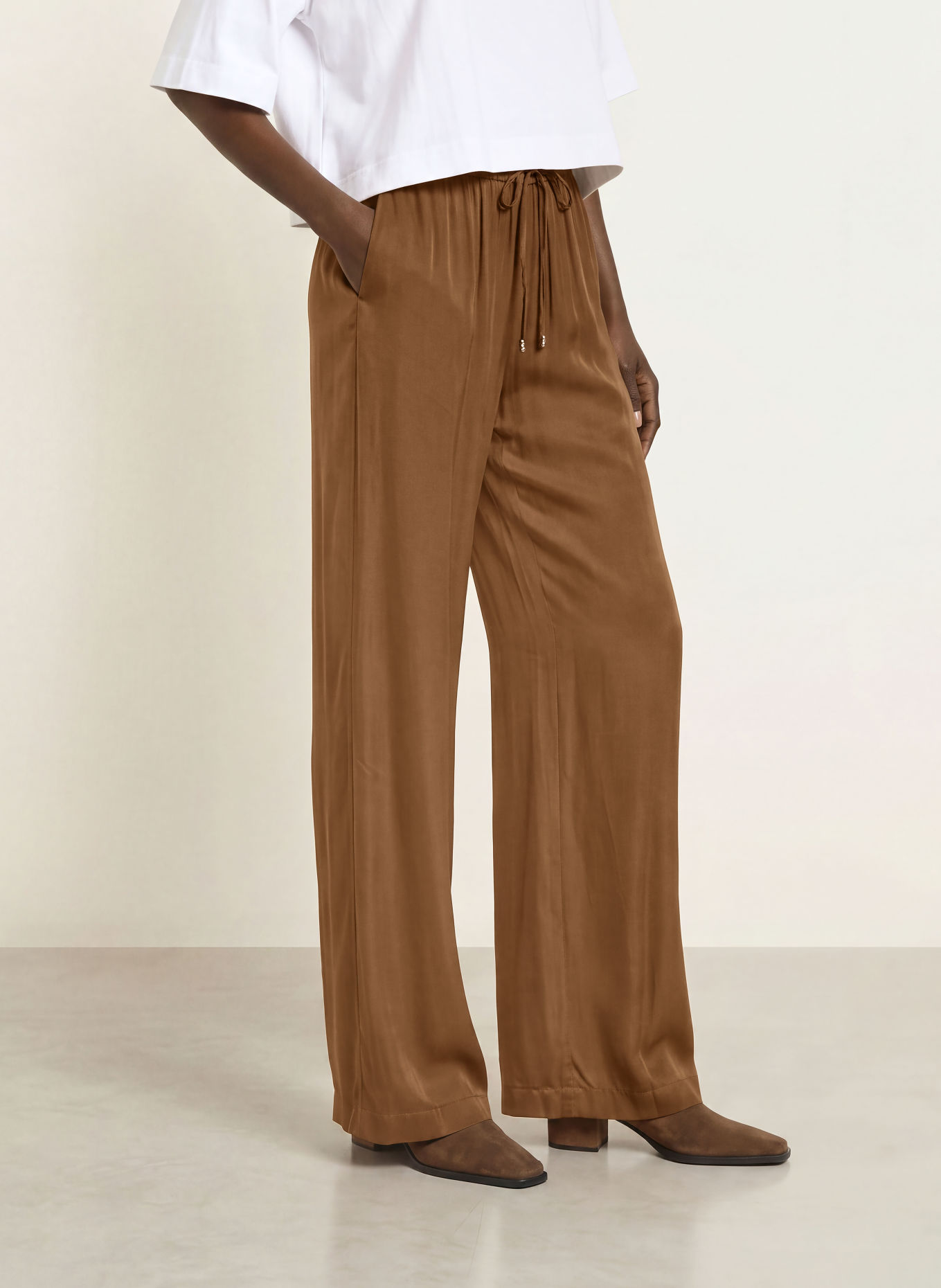 BOSS TANELLA Satin Wide-leg Trousers: BROWN