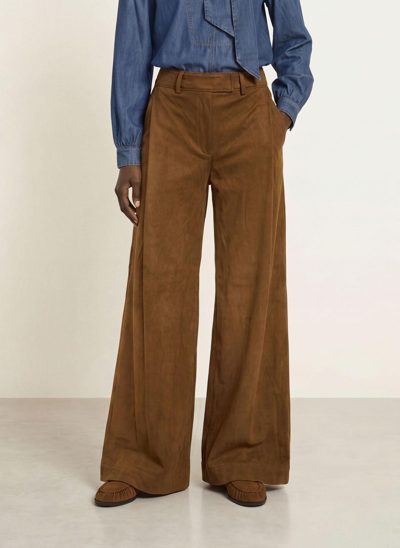 BOSS TAKORA leather-look wide-leg trousers: BROWN