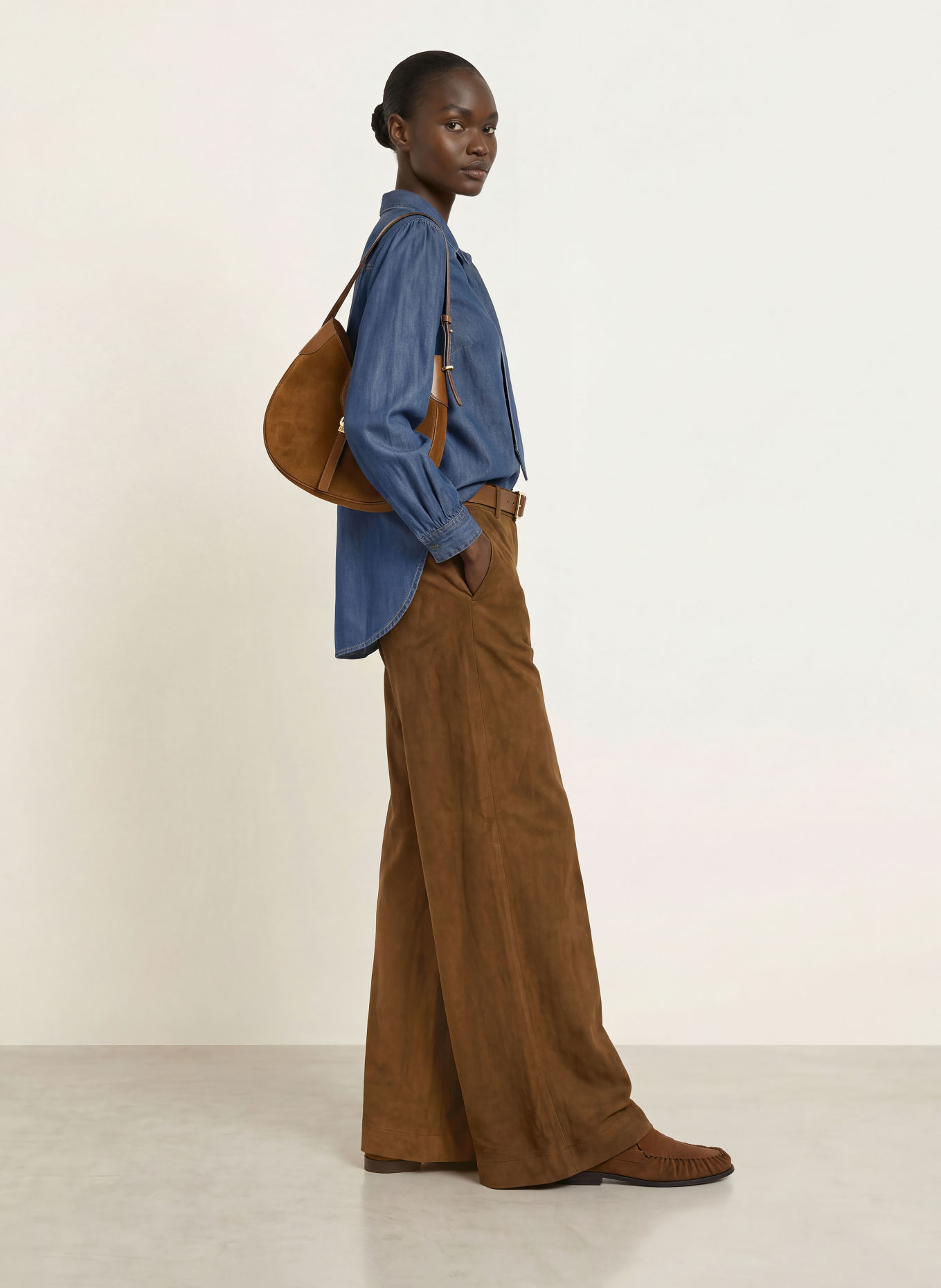 BOSS TAKORA leather-look wide-leg trousers: BROWN