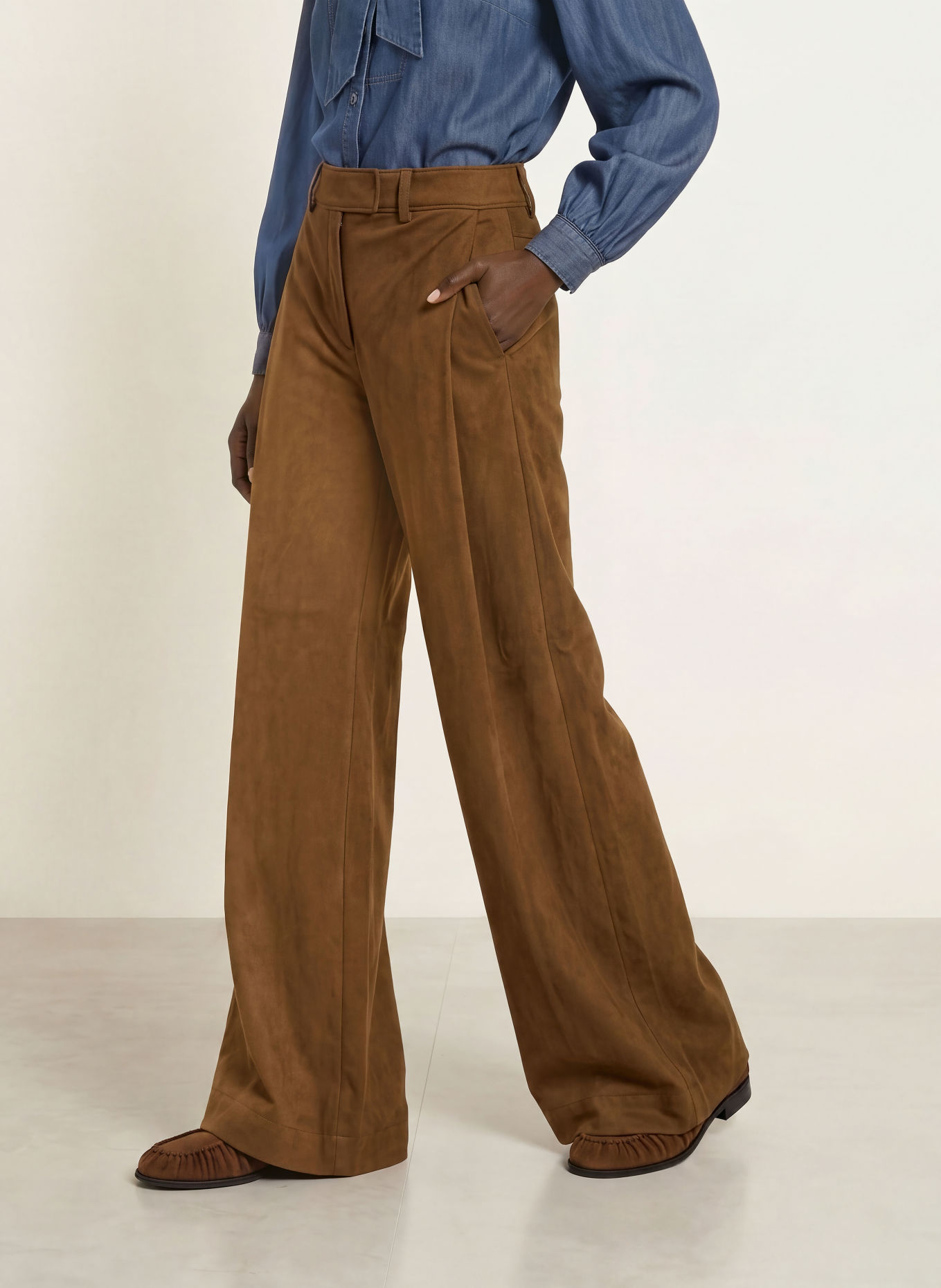 BOSS TAKORA leather-look wide-leg trousers: BROWN