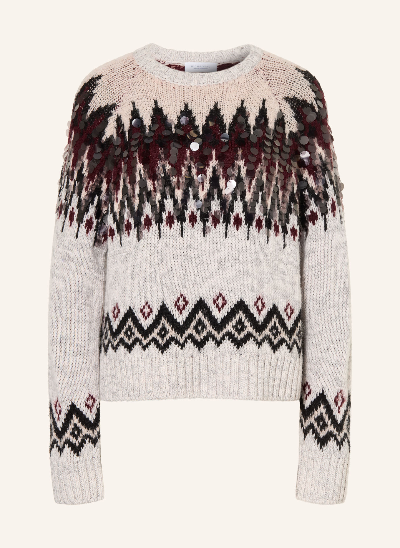 Rich & Royal Sequin Sweater: LIGHT GRAY / DARK RED / BLACK