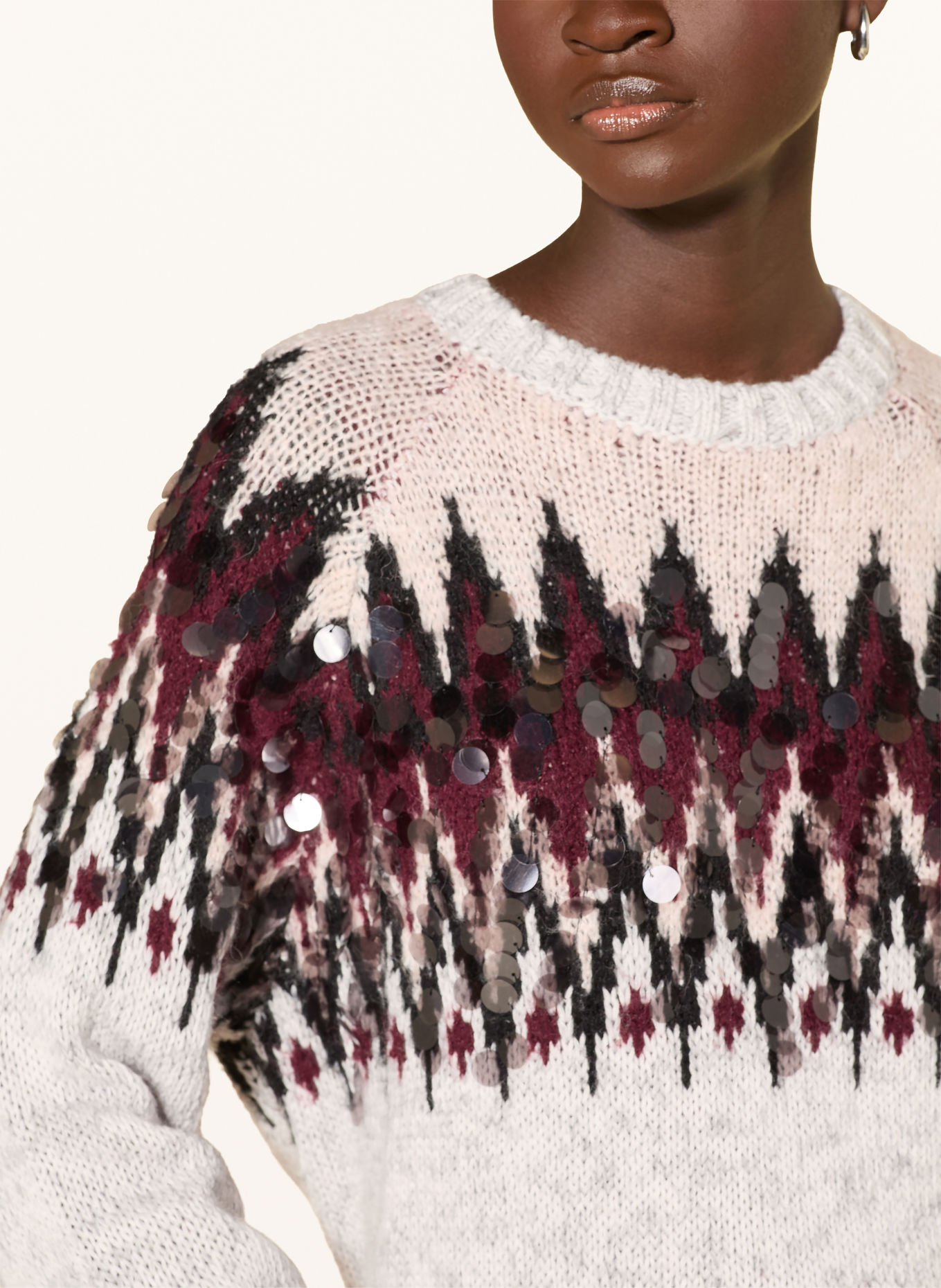 Rich & Royal Sequin Sweater: LIGHT GRAY / DARK RED / BLACK