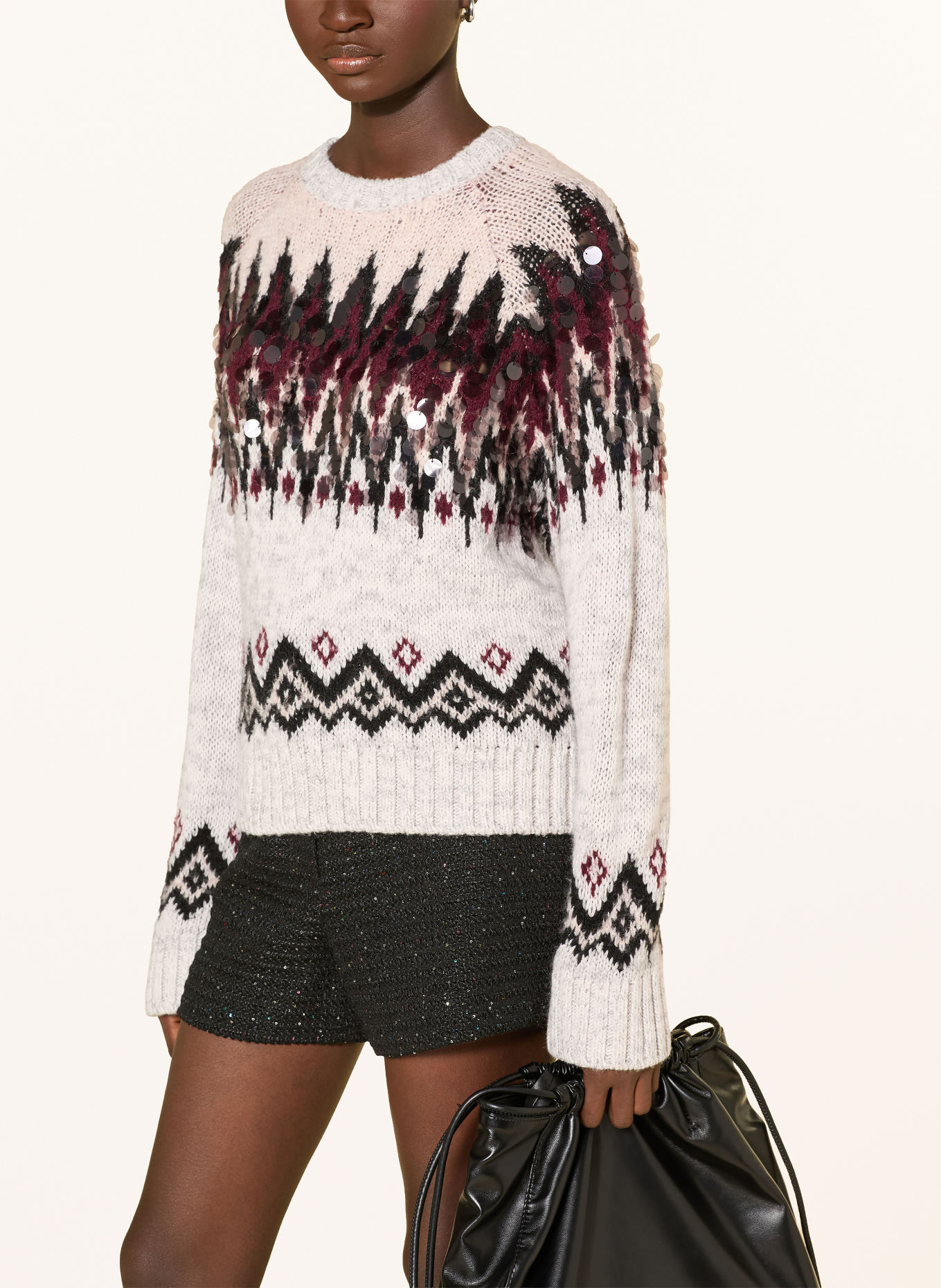 Rich & Royal Sequin Sweater: LIGHT GRAY / DARK RED / BLACK