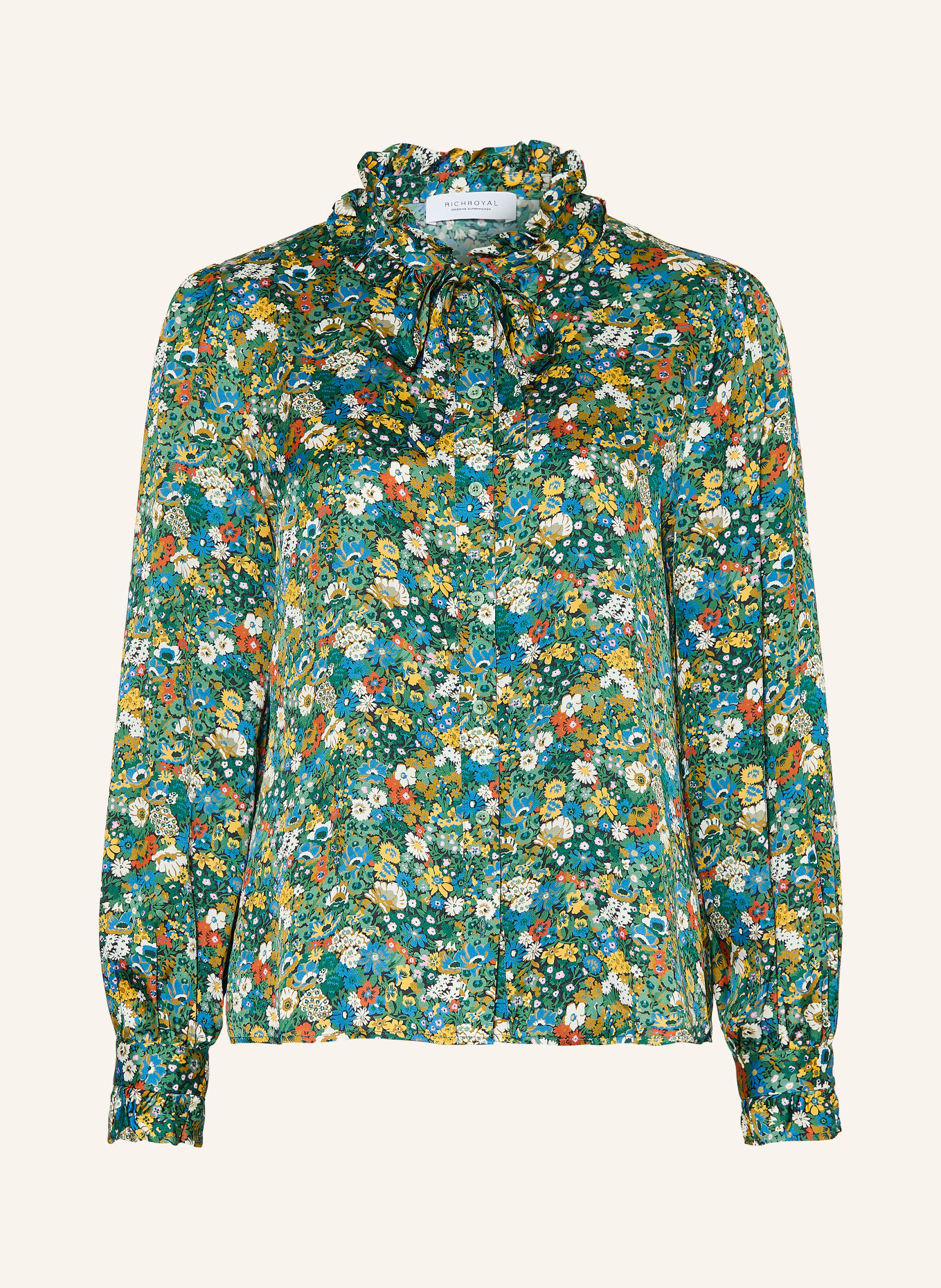 Rich & Royal Blouse with ruffles: GREEN / BLUE / WHITE