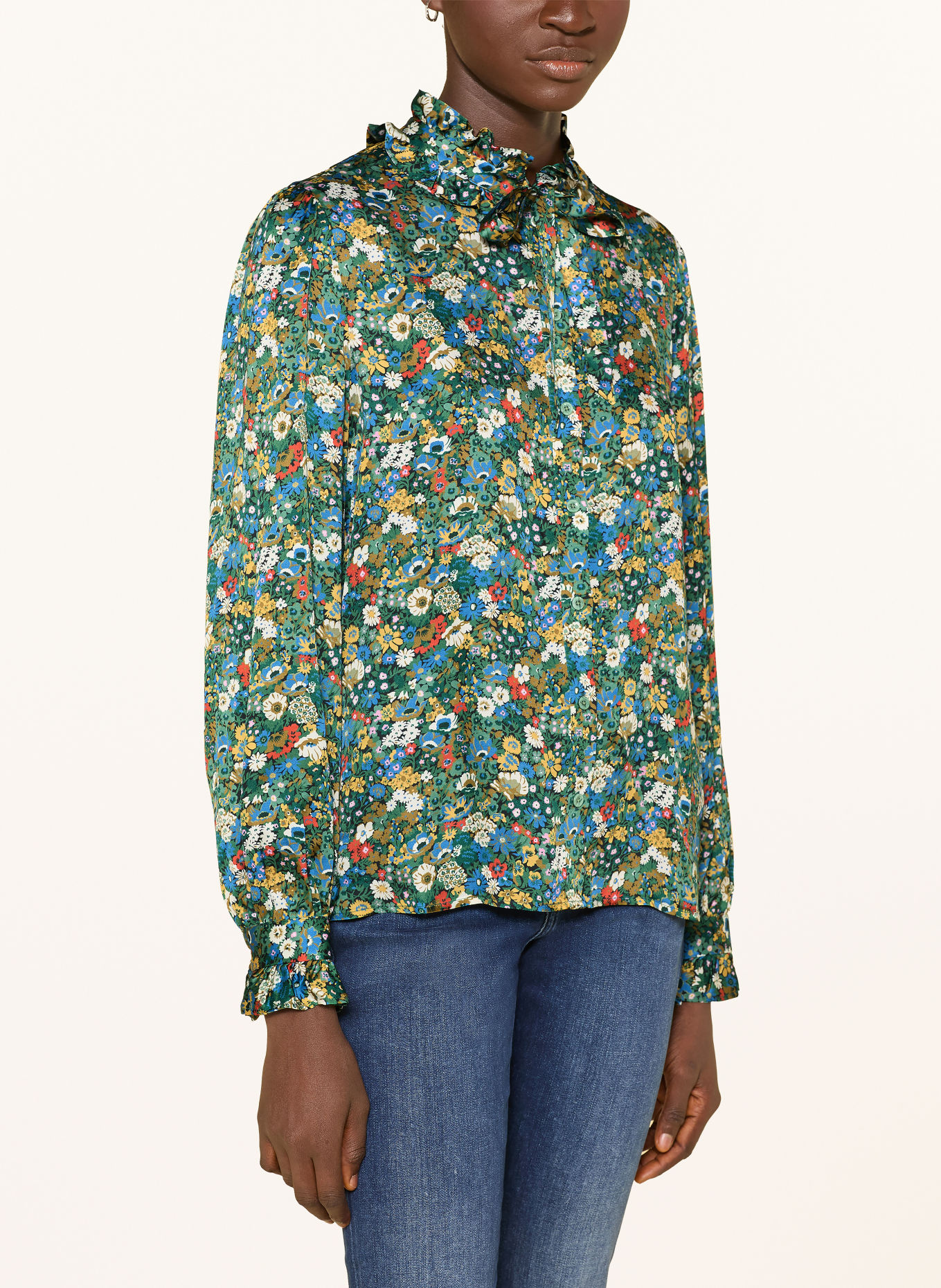 Rich & Royal Blouse with ruffles: GREEN / BLUE / WHITE