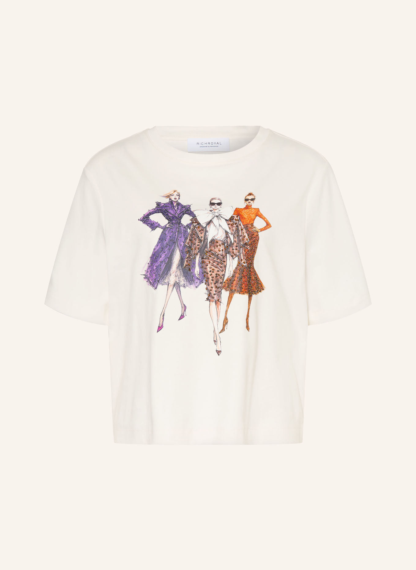 Rich & Royal T-Shirt mit Schmuckperlen: ECRU / BRAUN / DUNKELLILA