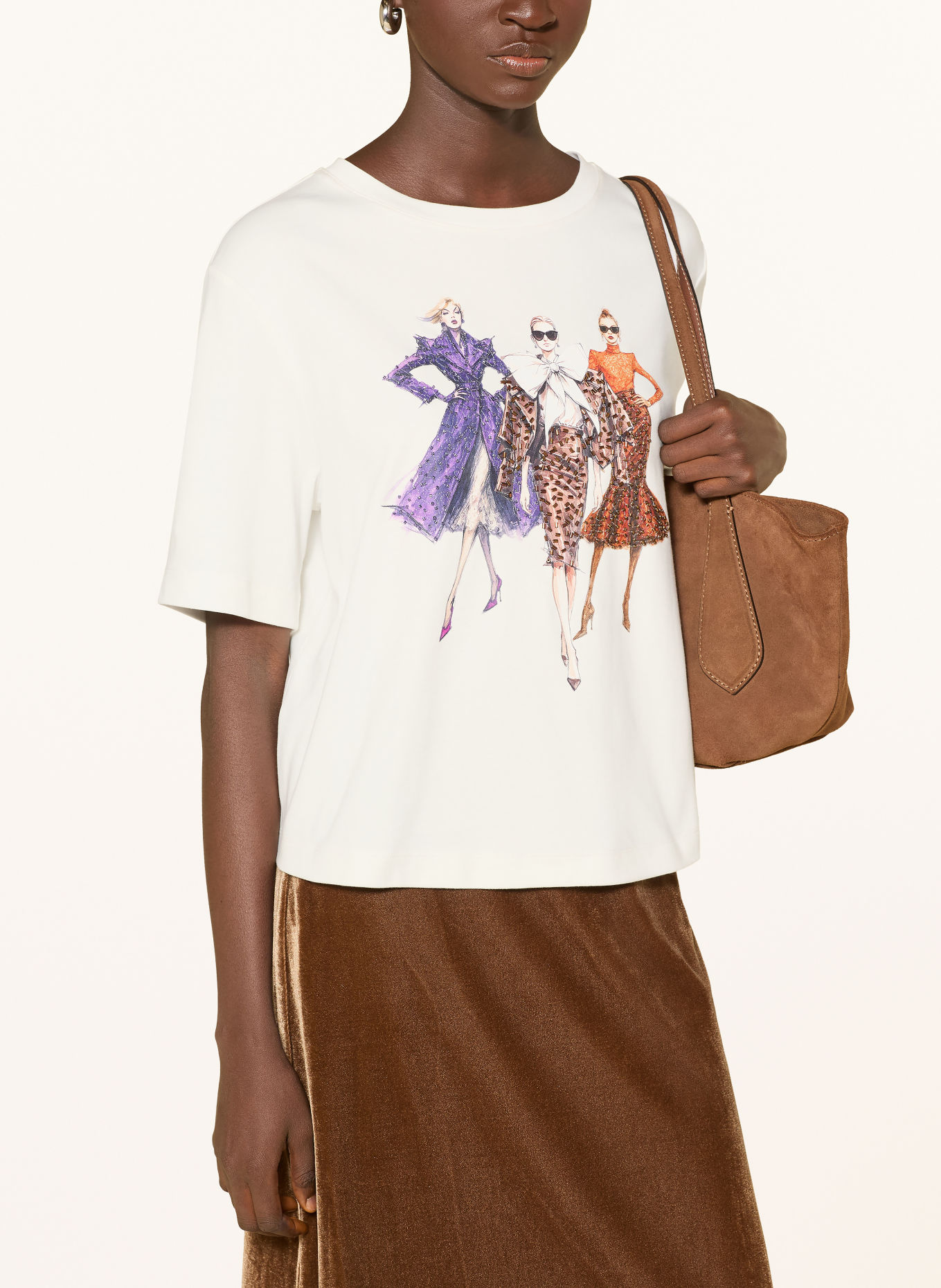 Rich & Royal T-Shirt mit Schmuckperlen: ECRU / BRAUN / DUNKELLILA