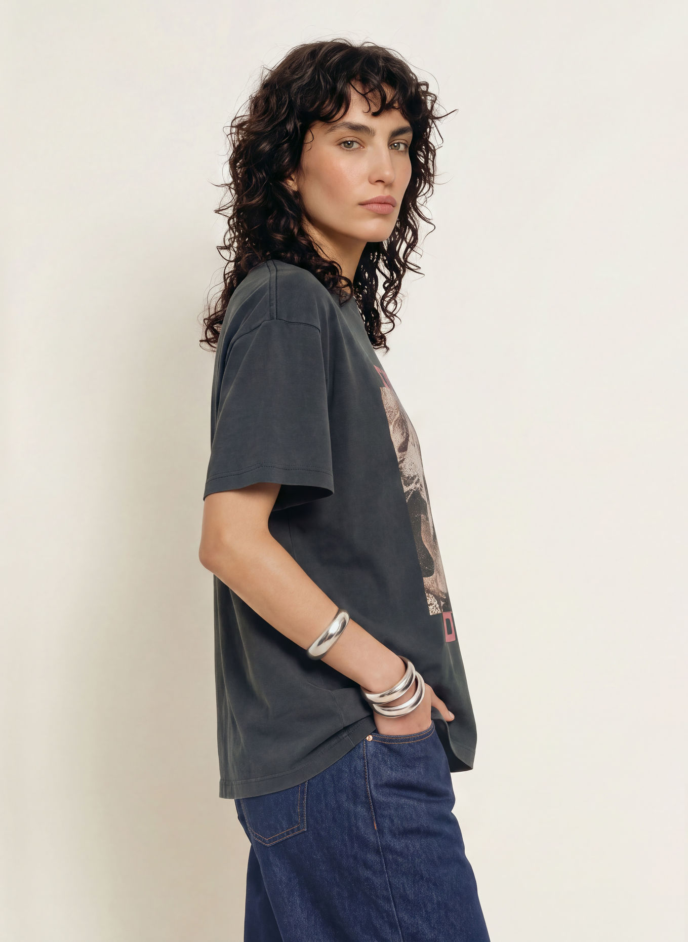 ANINE BING T-Shirt CADE: DUNKELGRAU / BRAUN / PINK