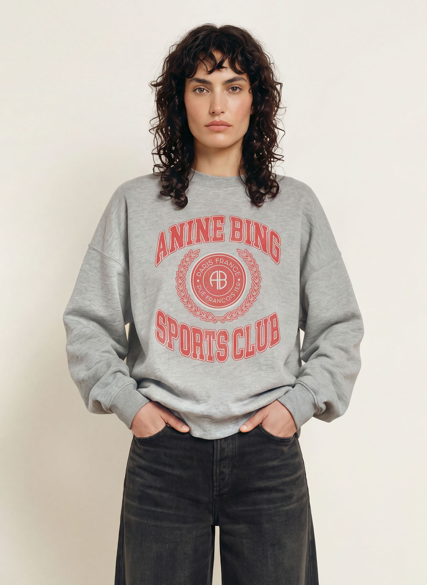 ANINE BING Sweatshirt MILES: GRIJS / ECRU / ROOD