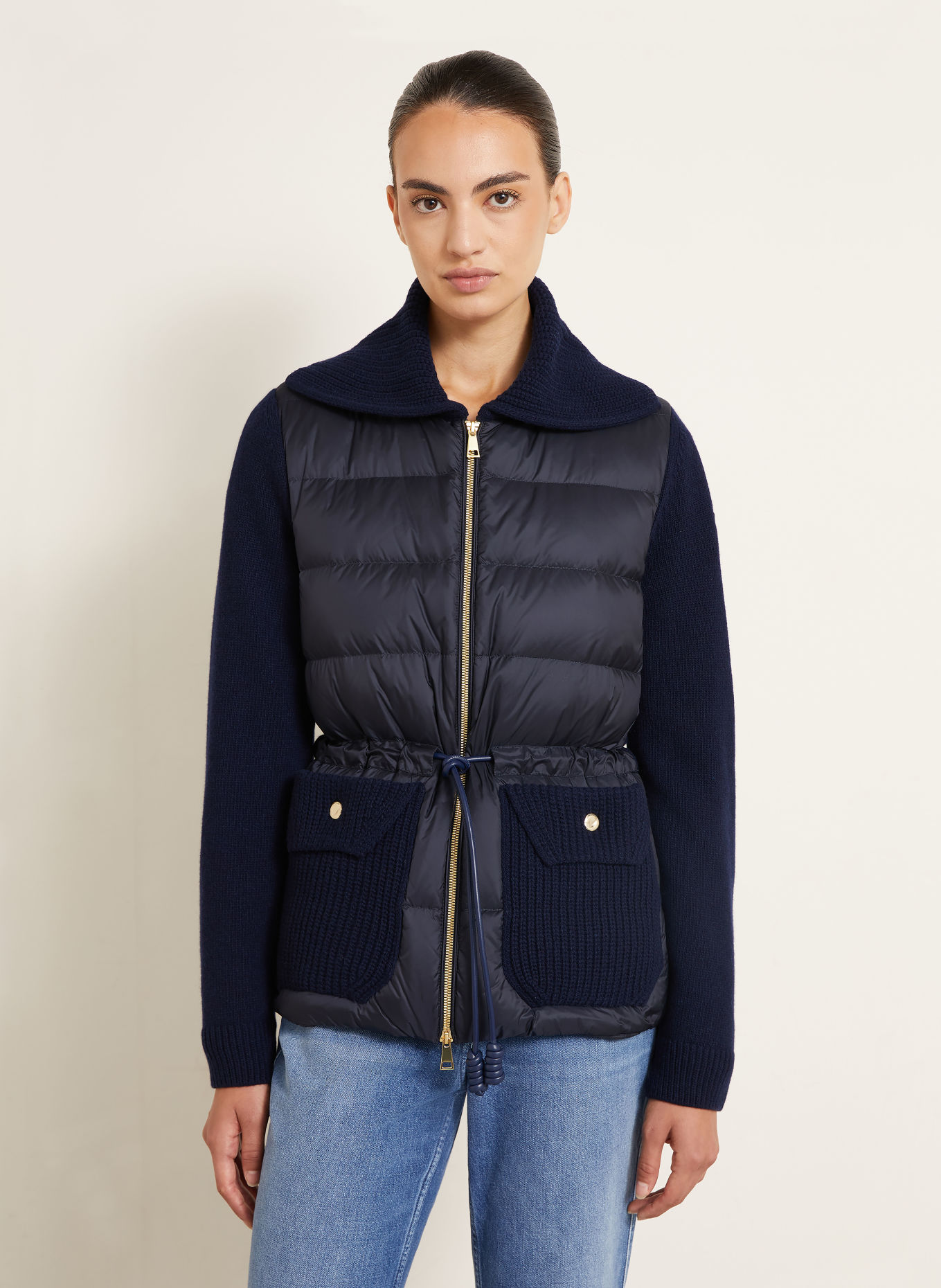 MONCLER Kurtka puchowa z mieszanki materiałów: GRANATOWY