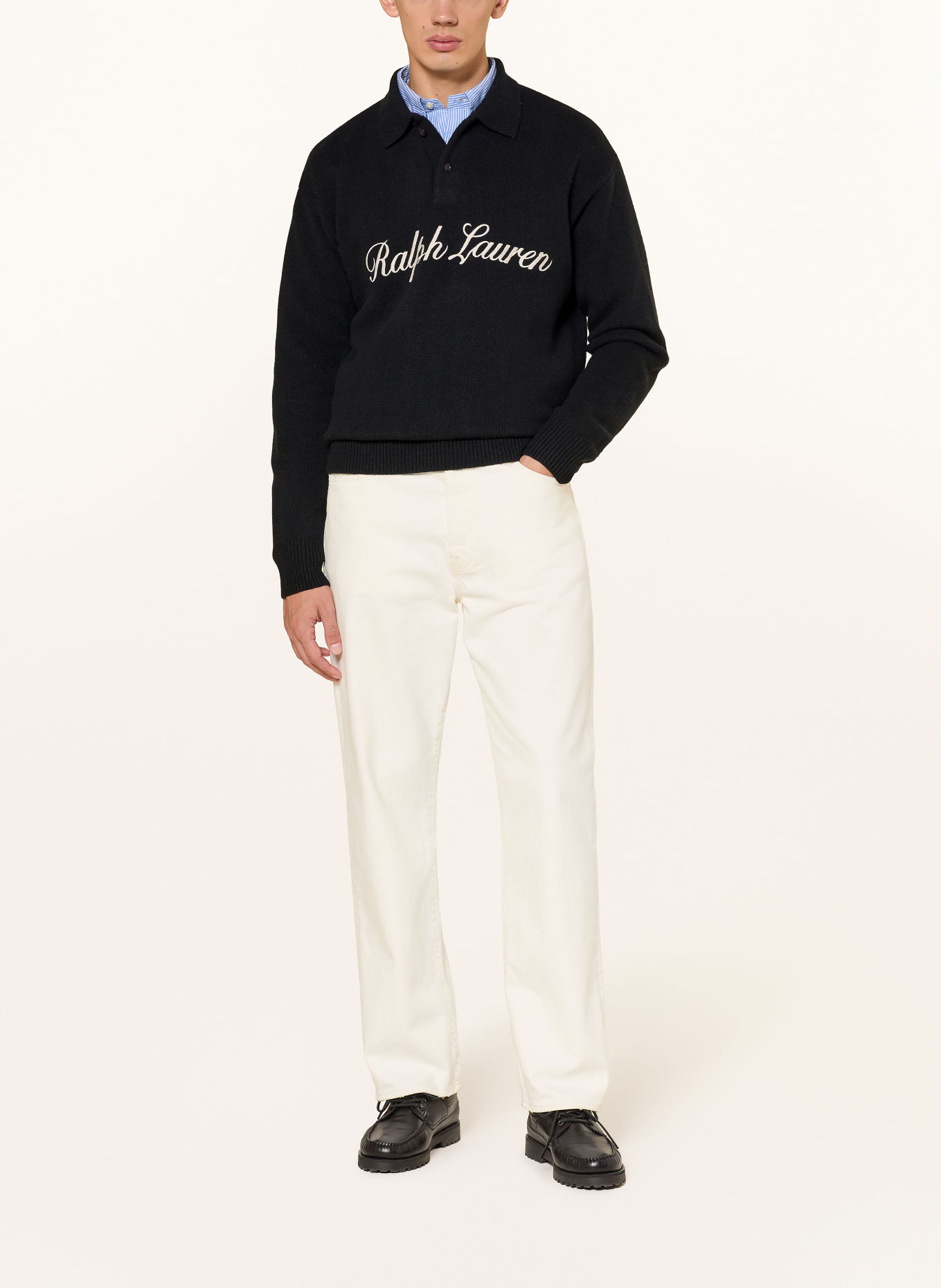 POLO RALPH LAUREN Knit polo shirt, Relaxed Fit: BLACK / ECRU