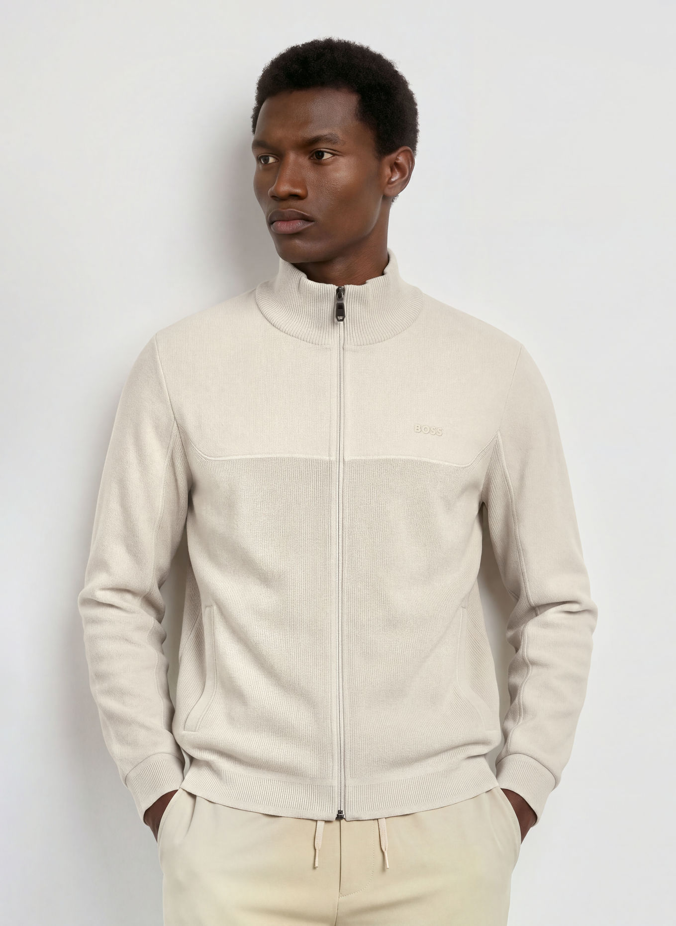 BOSS Mixed-fabric Cardigan: BEIGE