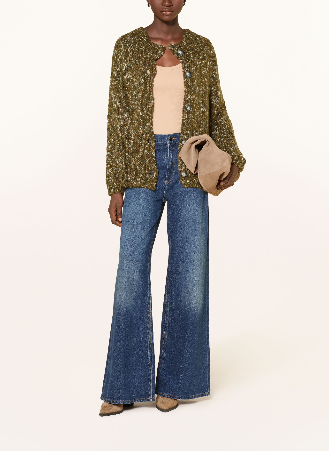 Rich & Royal Strickjacke mit Glitzergarn: KHAKI / ECRU / BLAUGRAU