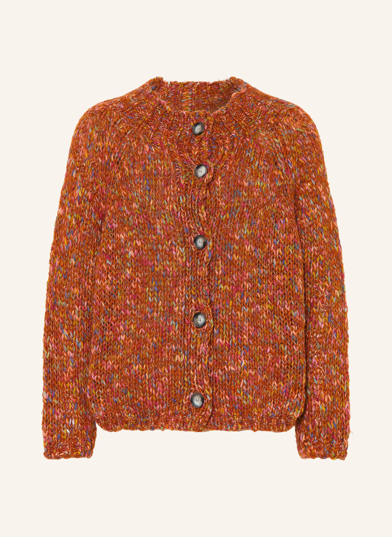 Rich & Royal Cardigan with glitter yarn: BROWN / PINK / GREEN
