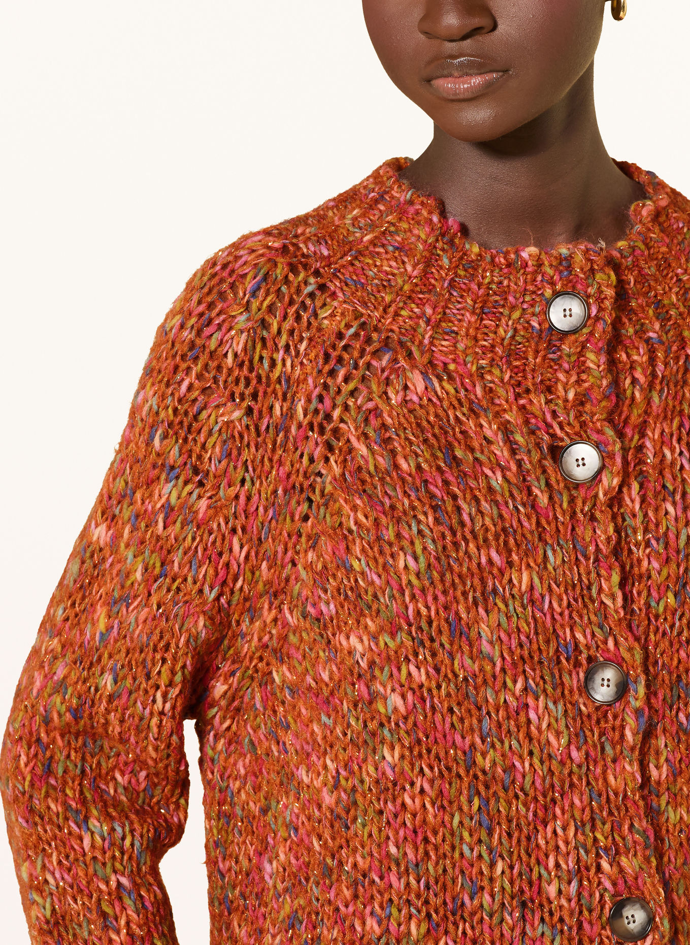 Rich & Royal Cardigan with glitter yarn: BROWN / PINK / GREEN