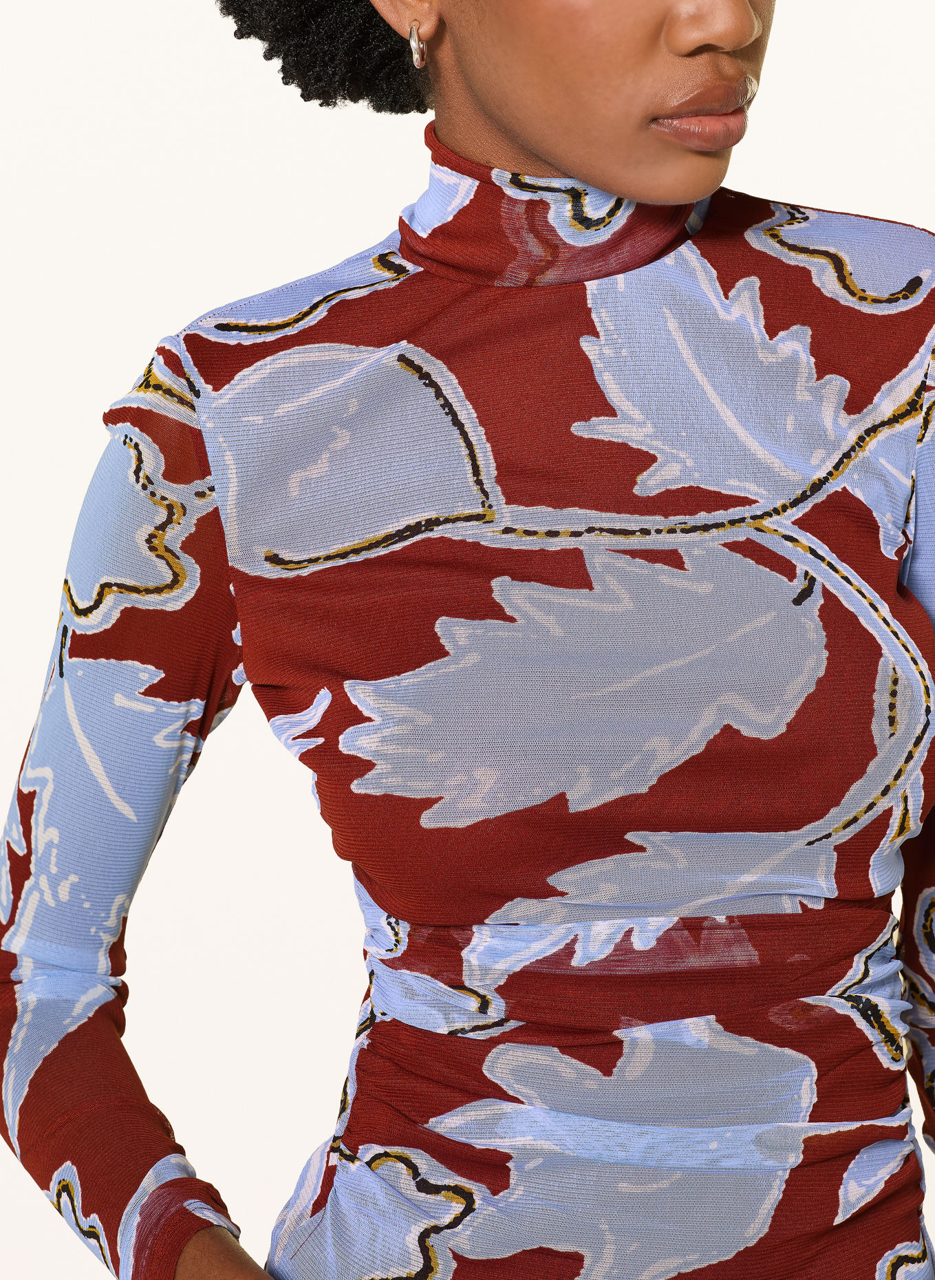 DIANE VON FURSTENBERG LOGAN-colshirt met col van mesh: DONKERROOD / LICHTBLAUW / WIT
