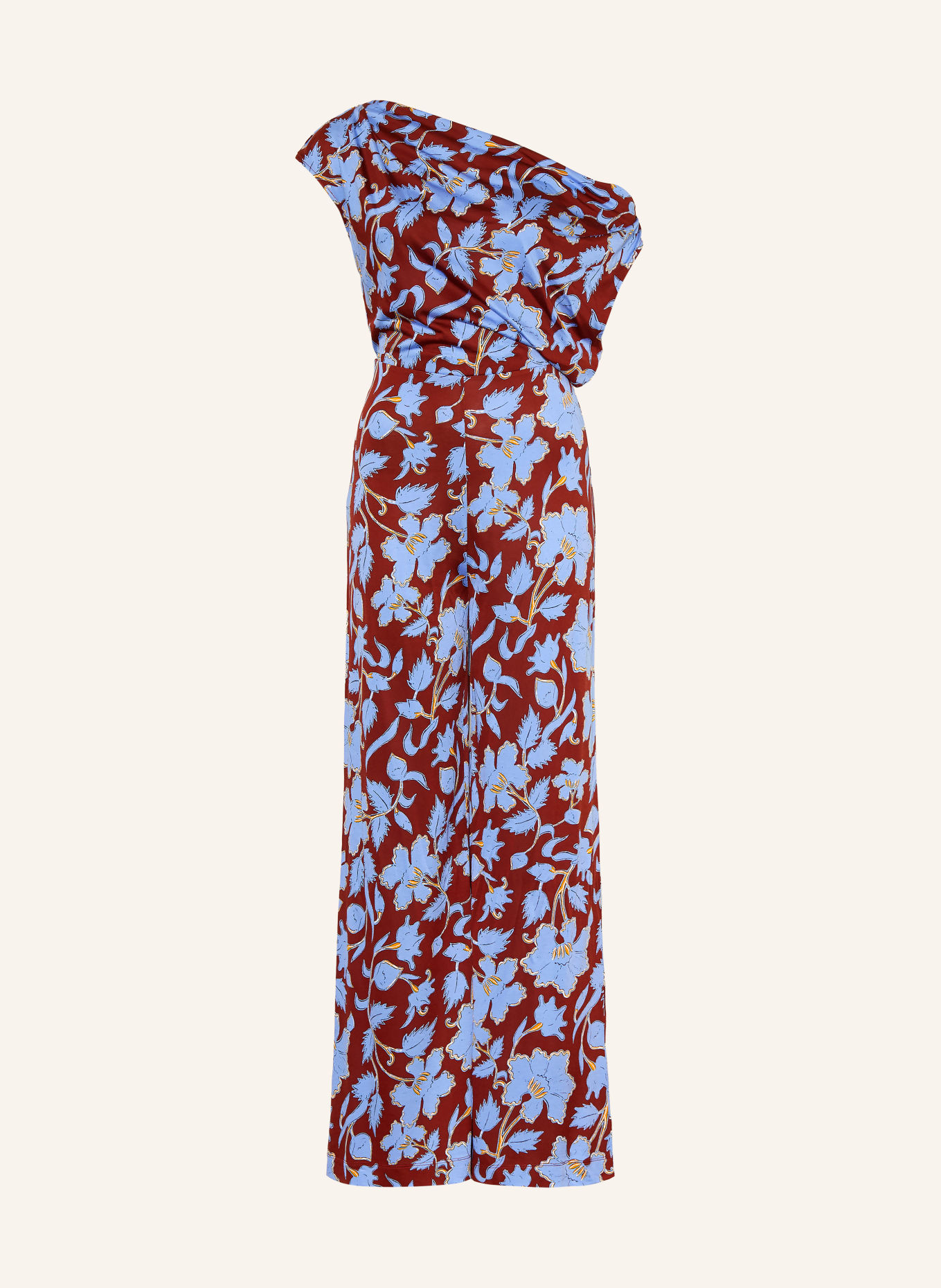 DIANE VON FURSTENBERG One-Shoulder-Jumpsuit WITTROCK aus Jersey: BLAU / BRAUN / GELB