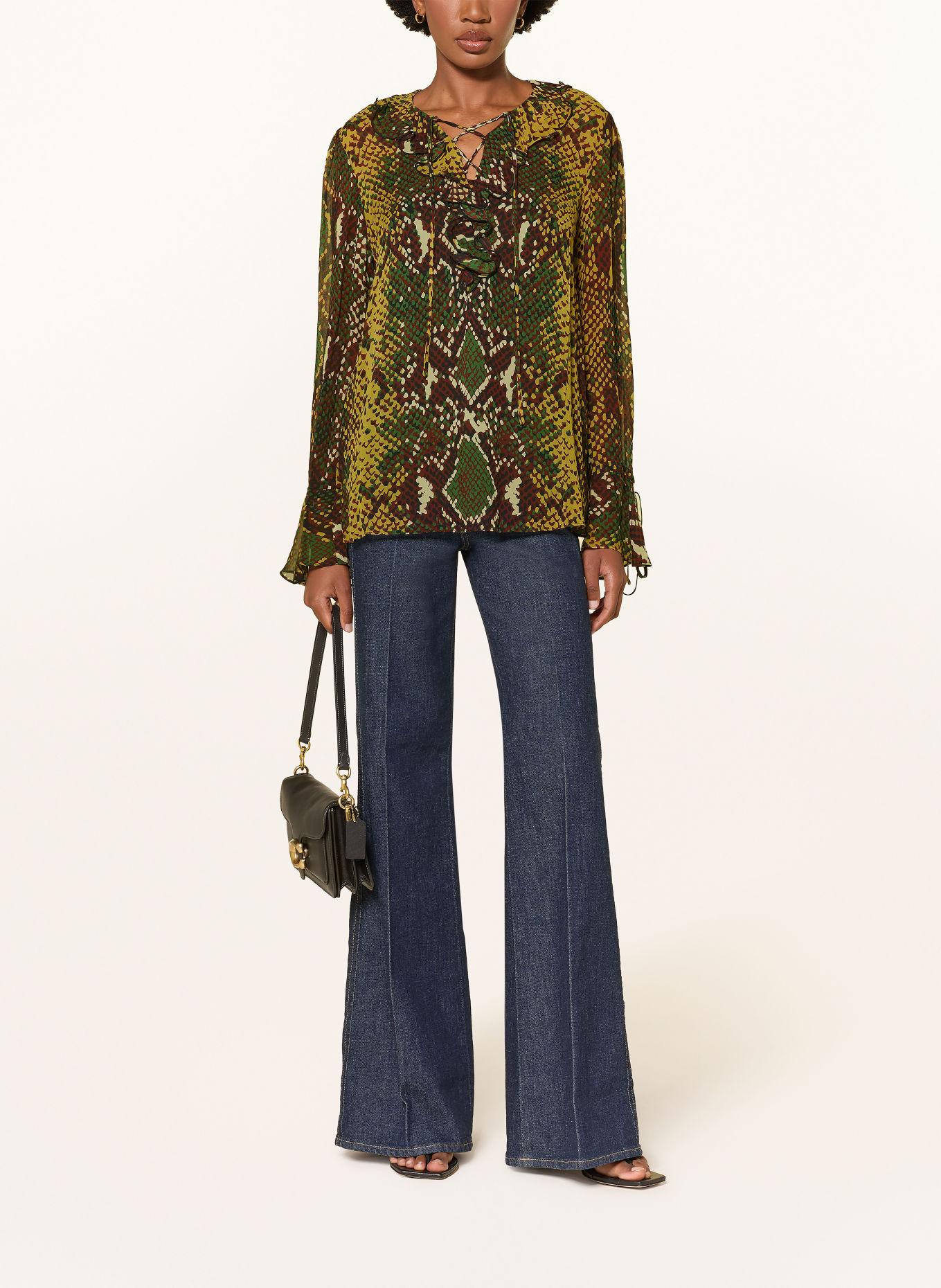 DIANE VON FURSTENBERG Blusenshirt PAOLA mit Volants: DUNKELBRAUN / COGNAC / GRÜN