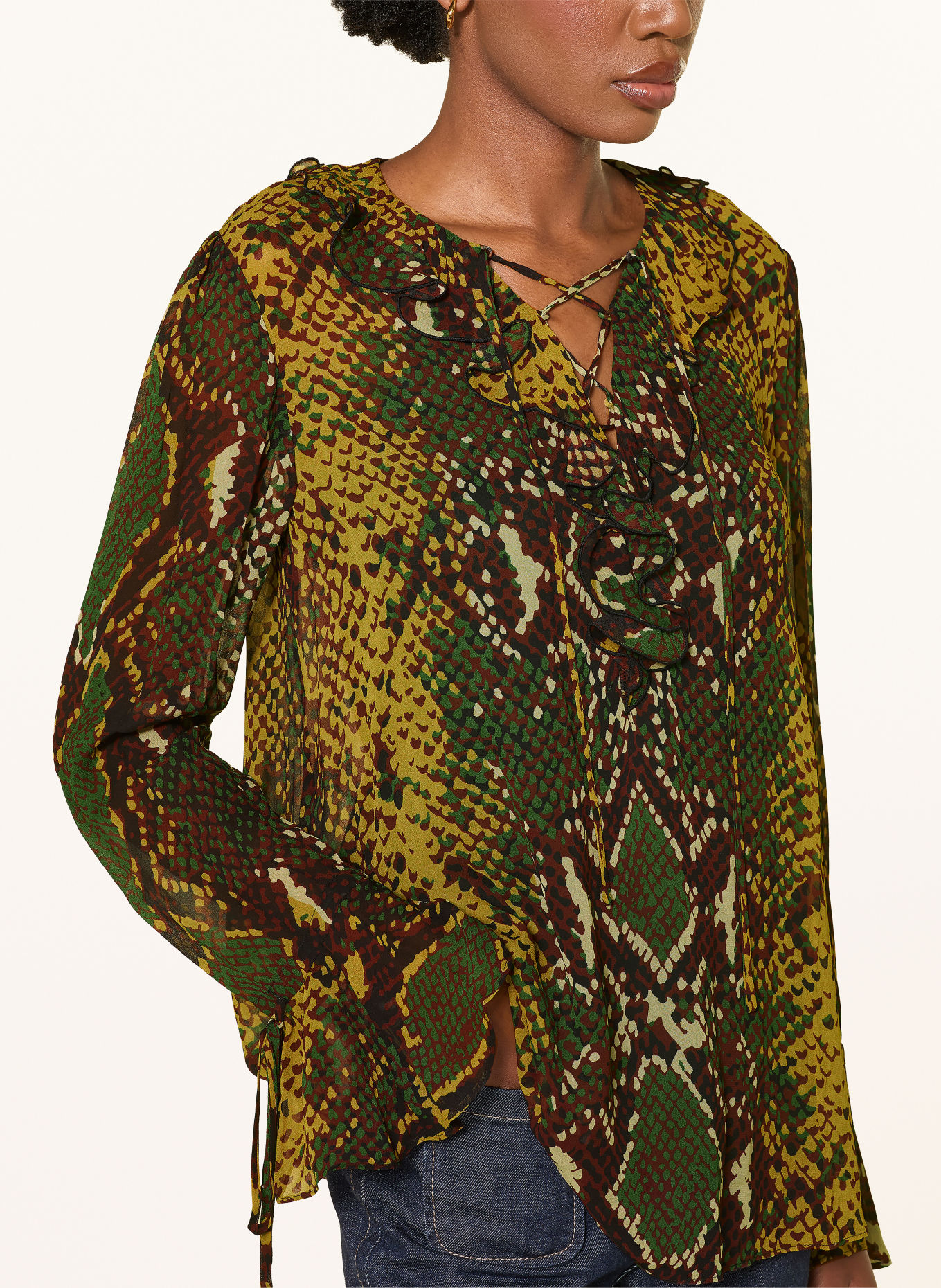 DIANE VON FURSTENBERG Blusenshirt PAOLA mit Volants: DUNKELBRAUN / COGNAC / GRÜN