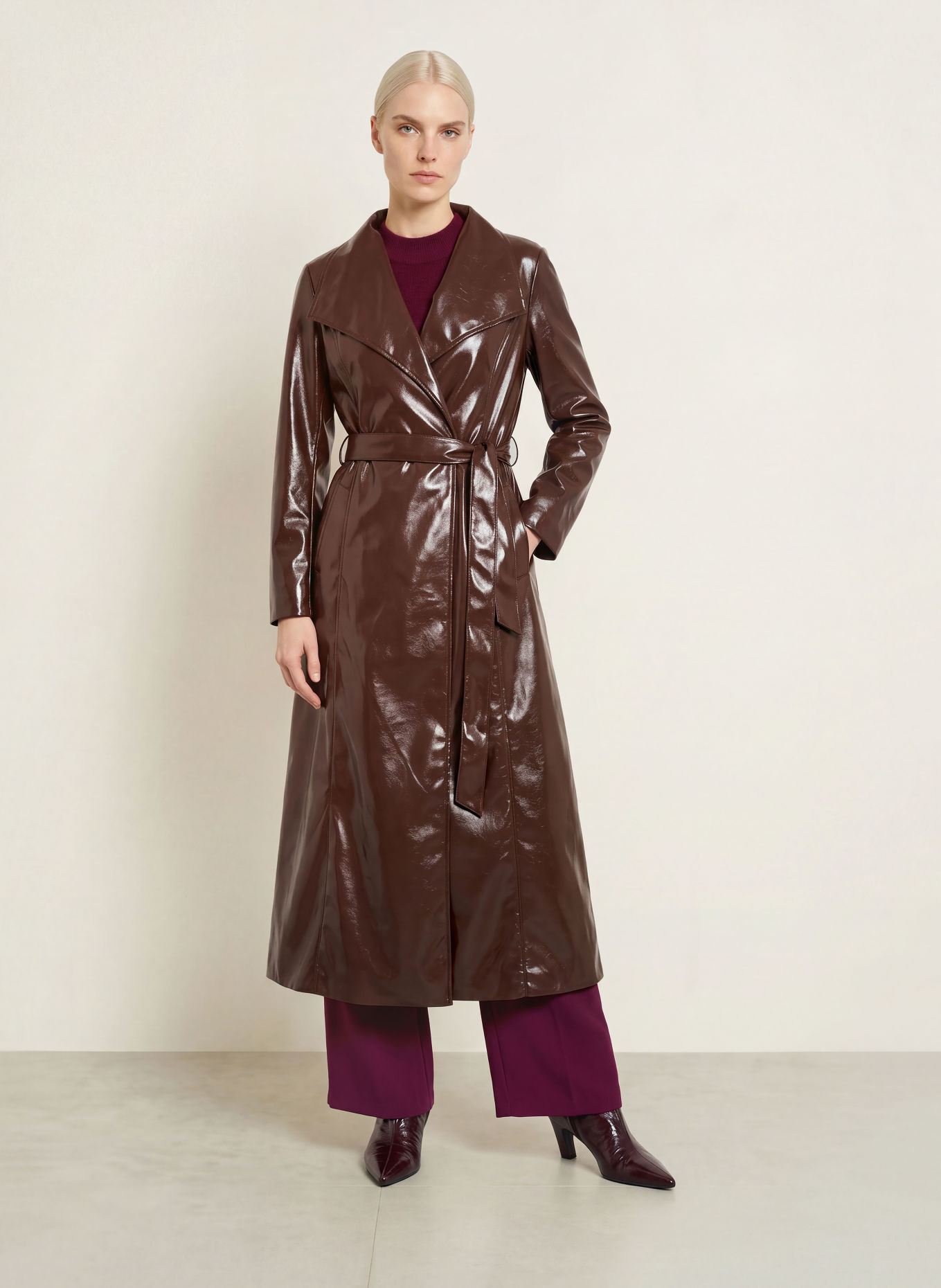Joseph Ribkoff Leather-look Trench coat: DARK BROWN