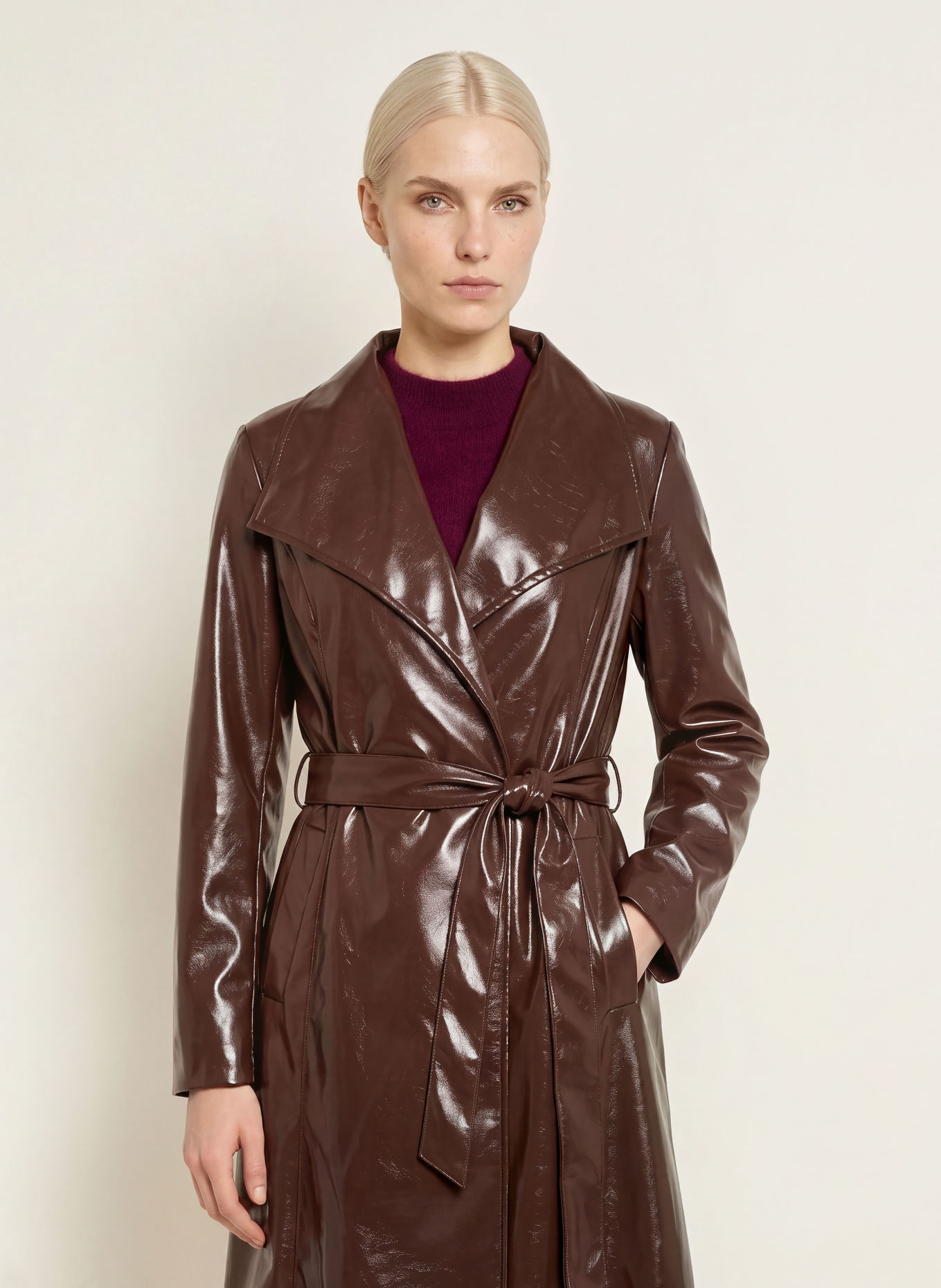 Joseph Ribkoff Leather-look Trench coat: DARK BROWN