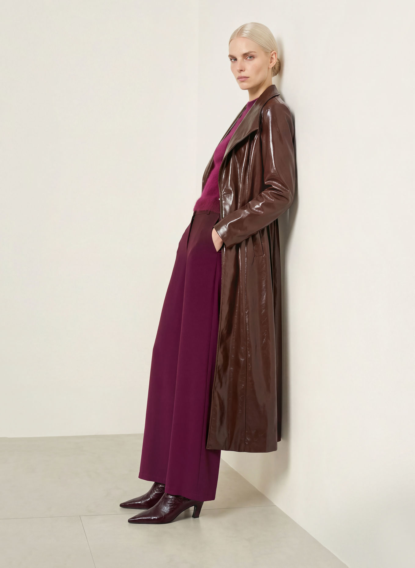 Joseph Ribkoff Leather-look Trench coat: DARK BROWN